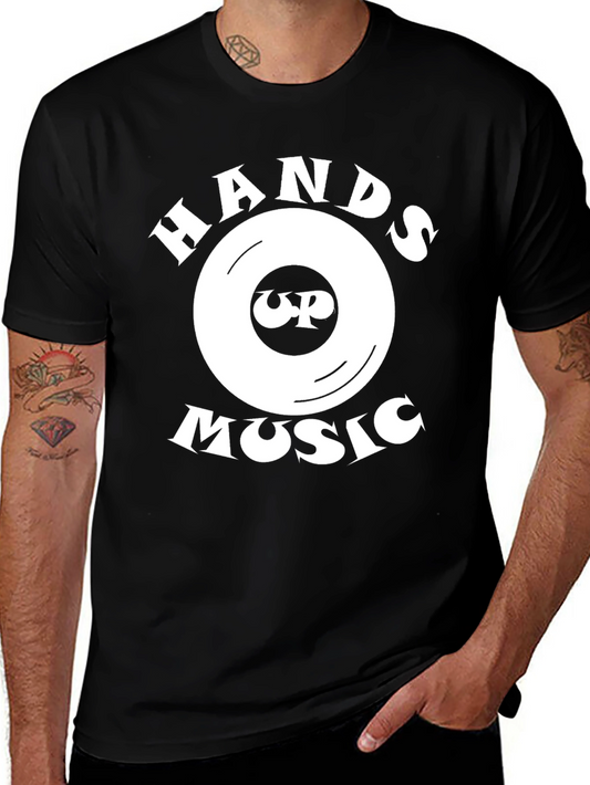 Hands Up Music Black T-Shirt with Vinyl Record Design