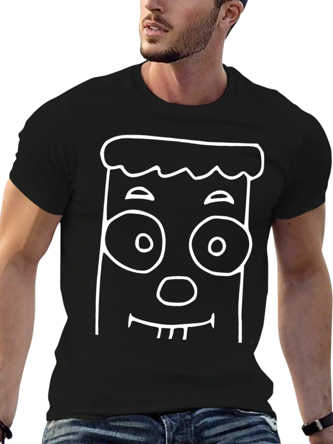 Cartoon Face Graphic Tee - Black Cotton Blend T-Shirt