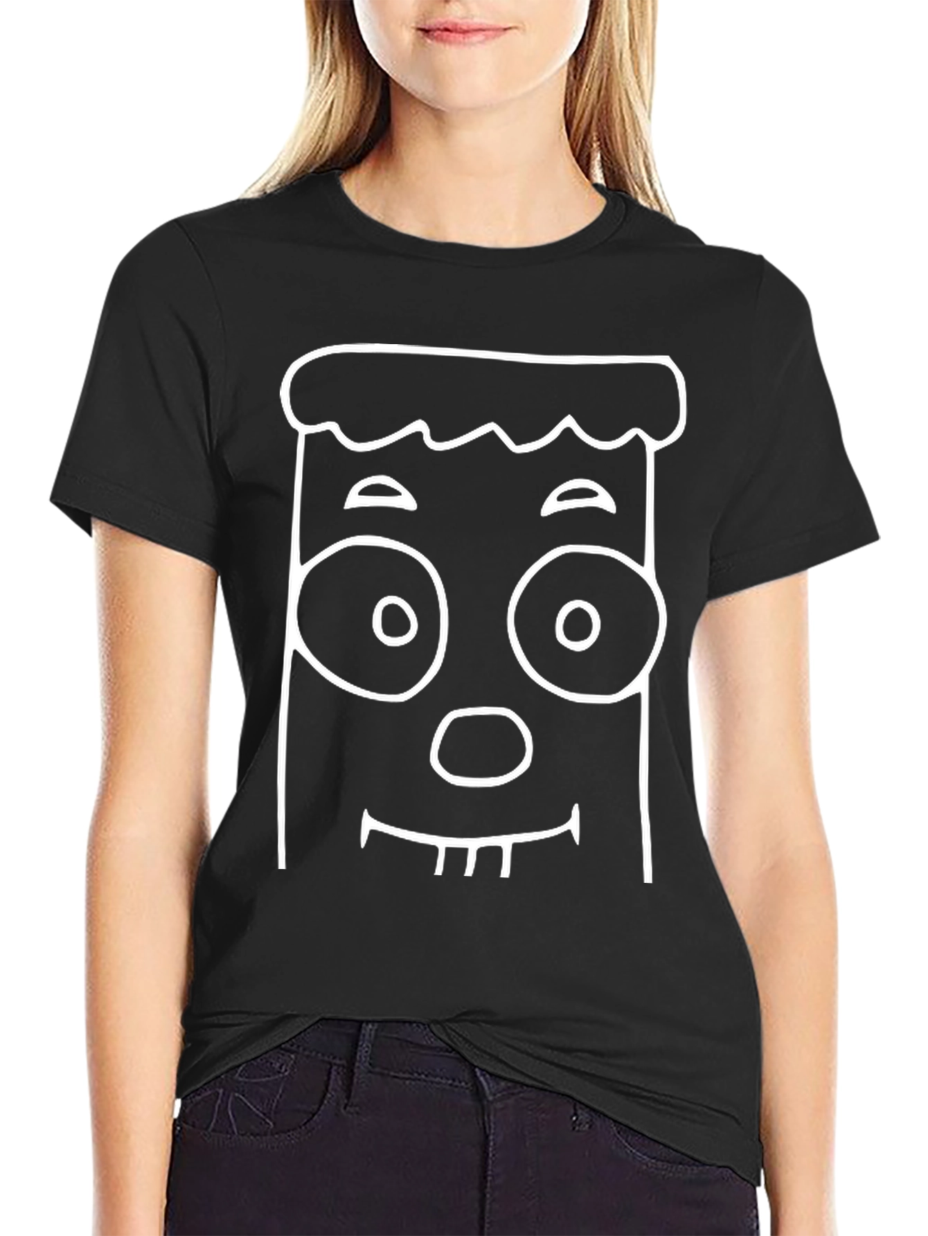 Cartoon Face Graphic Tee - Black Cotton Blend T-Shirt