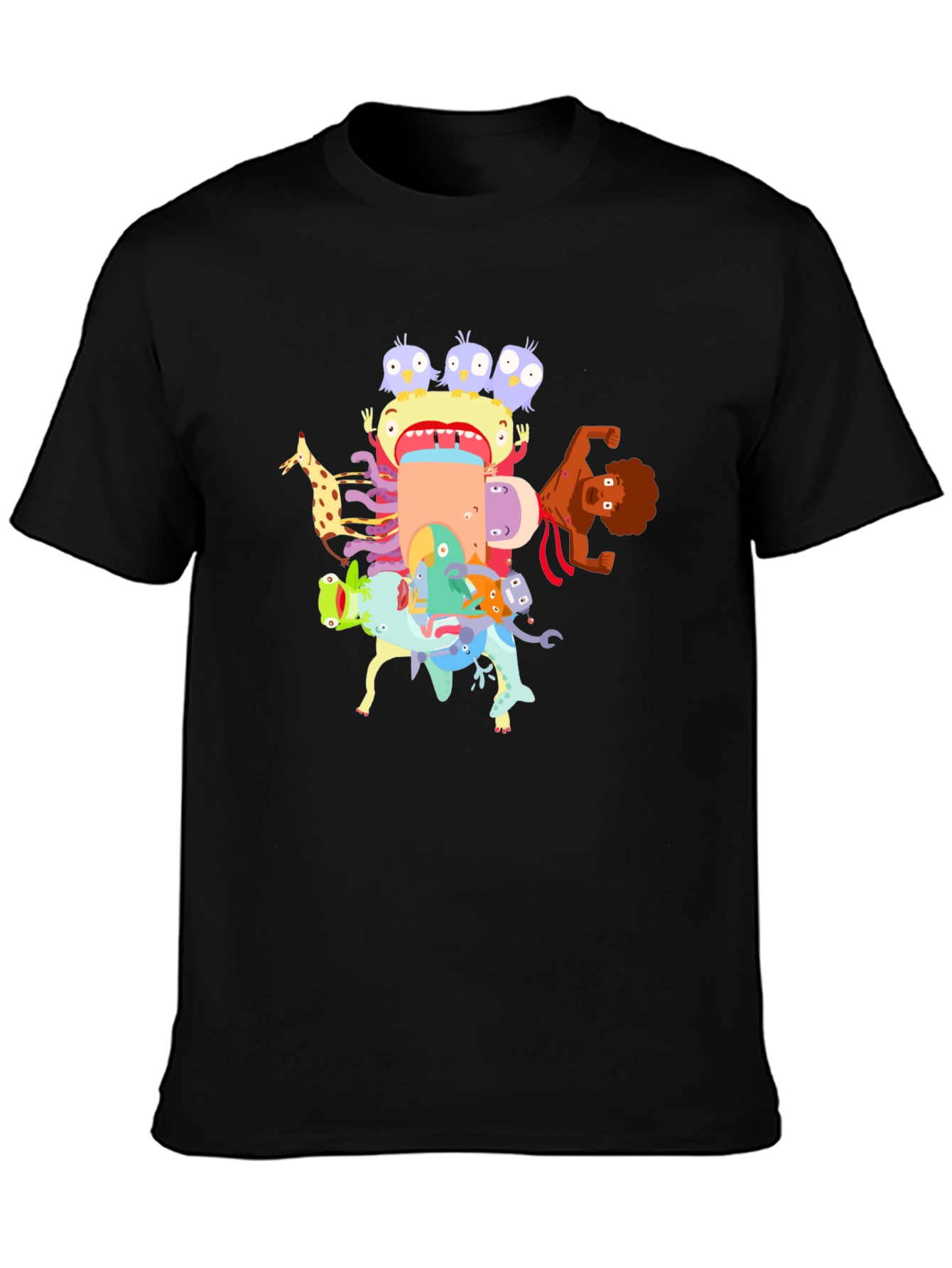 Cartoon Creature Stack Black T-Shirt
