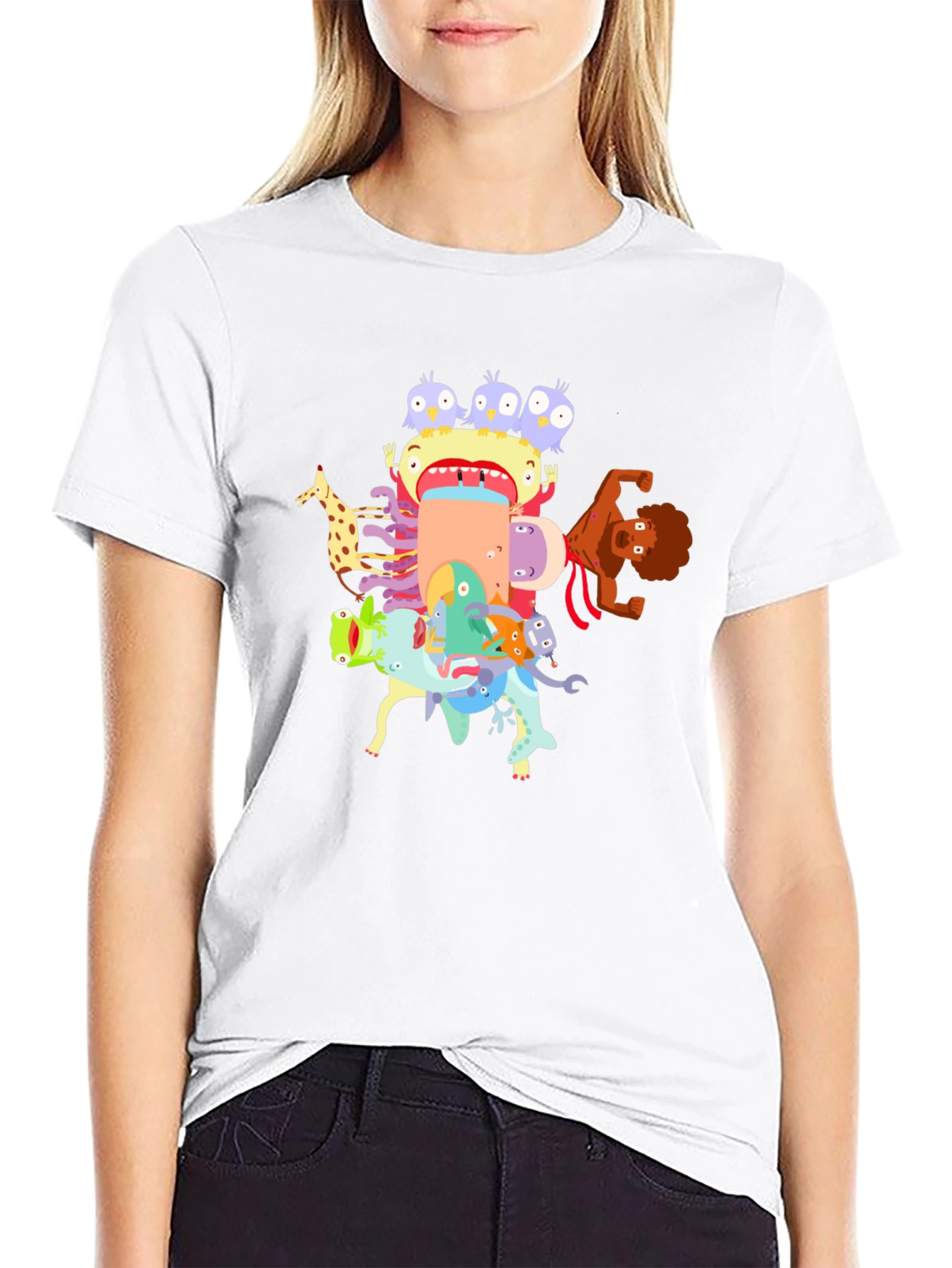 Cartoon Creature Stack Black T-Shirt
