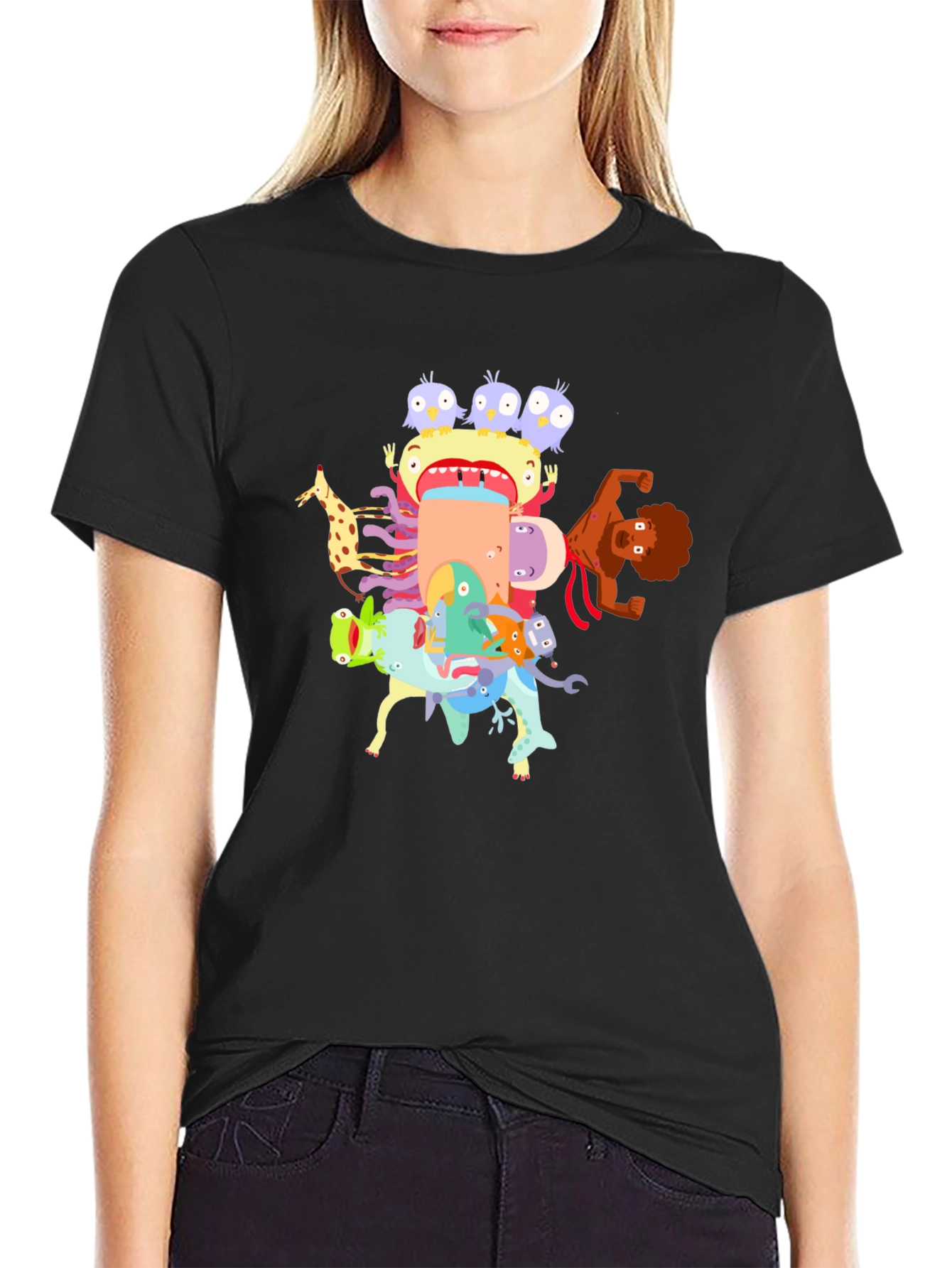 Cartoon Creature Stack Black T-Shirt