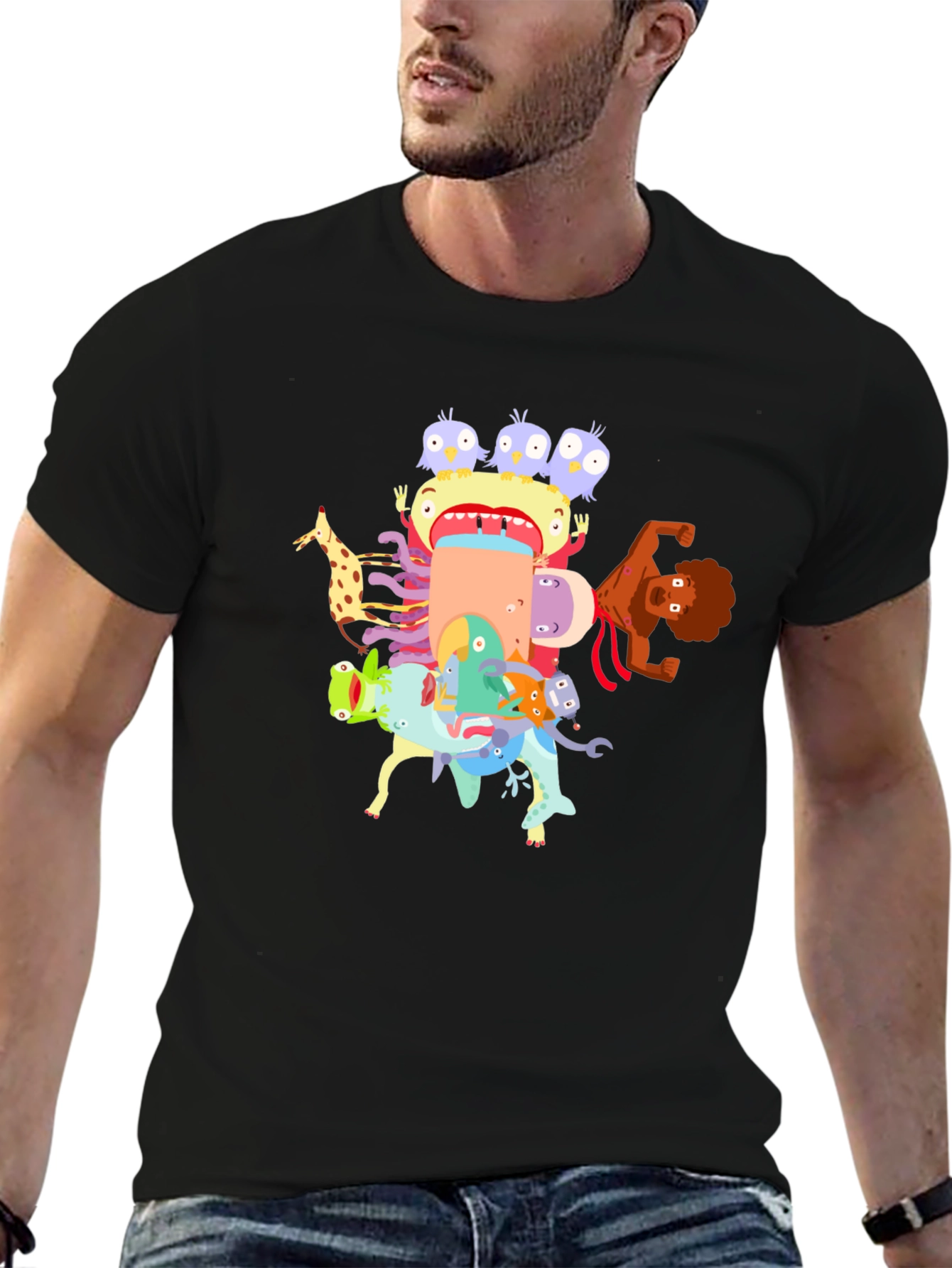 Cartoon Creature Stack Black T-Shirt