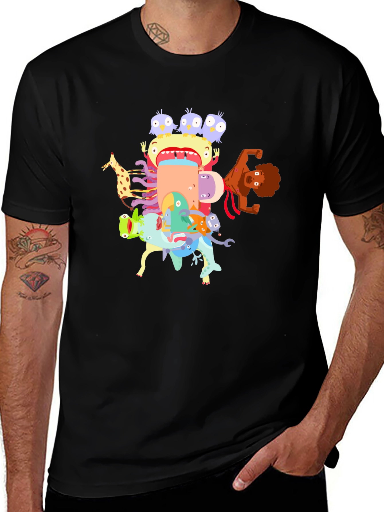 Cartoon Creature Stack Black T-Shirt