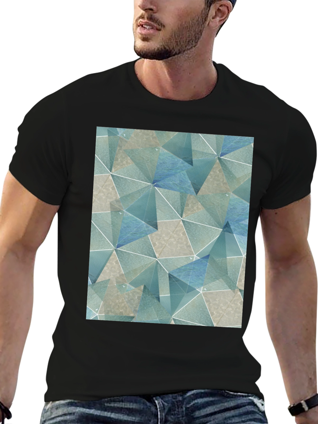Geometric Triangle Print Black T-Shirt
