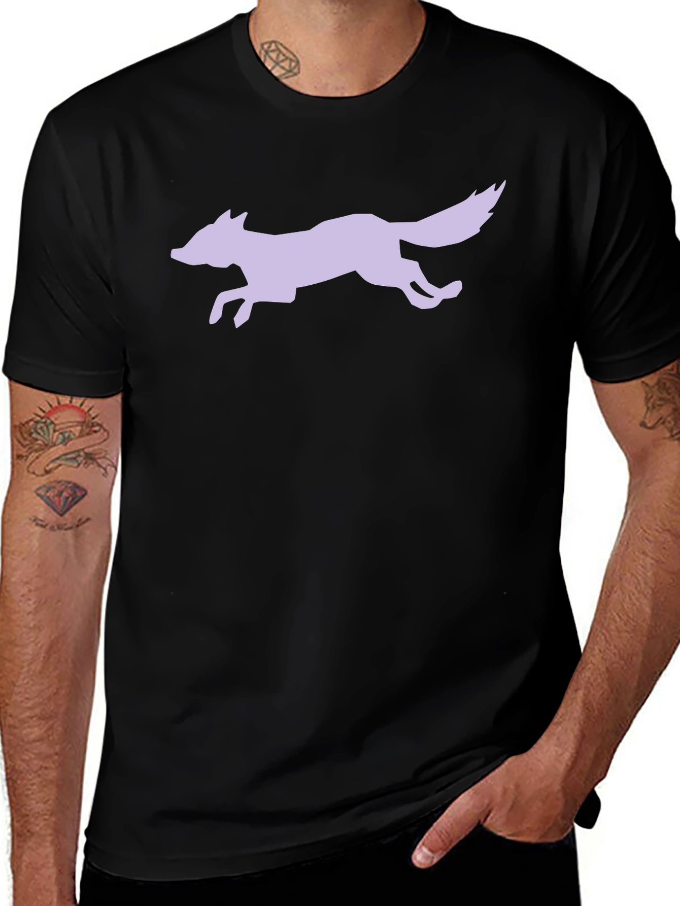 Black T-Shirt with Lilac Running Fox Design