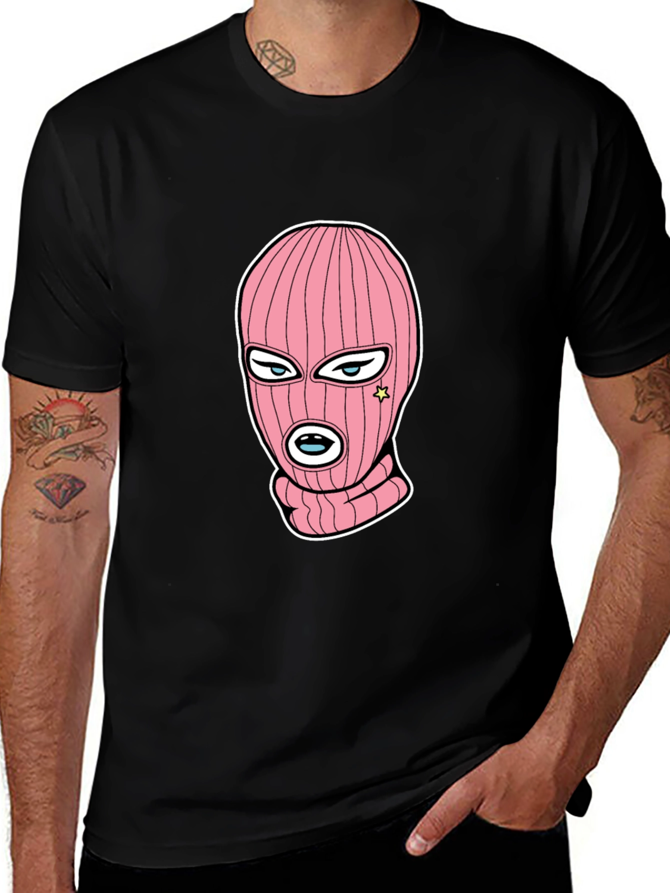 Black Tee with Pink Ski Mask Graphic