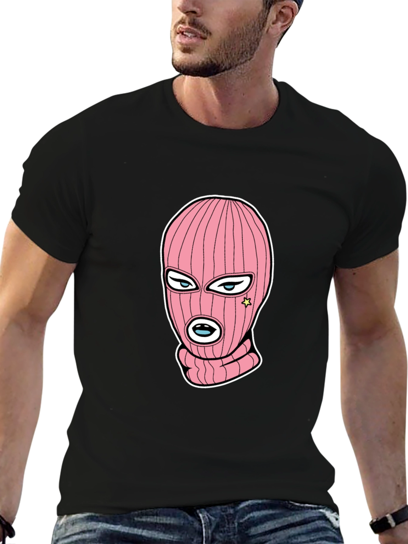 Black Tee with Pink Ski Mask Graphic