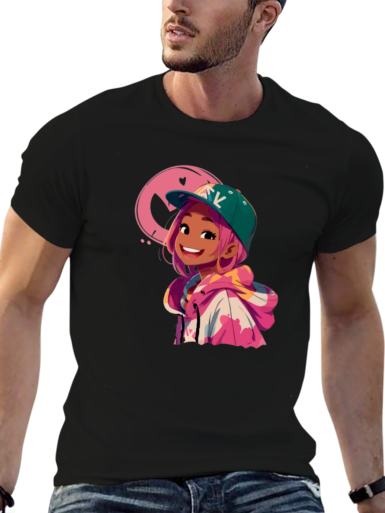 Cartoon Girl Graphic Black T-Shirt