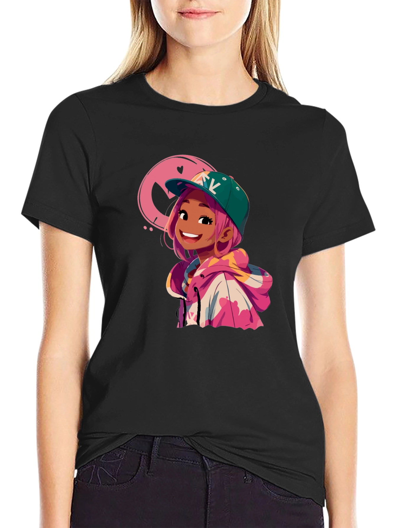 Cartoon Girl Graphic Black T-Shirt