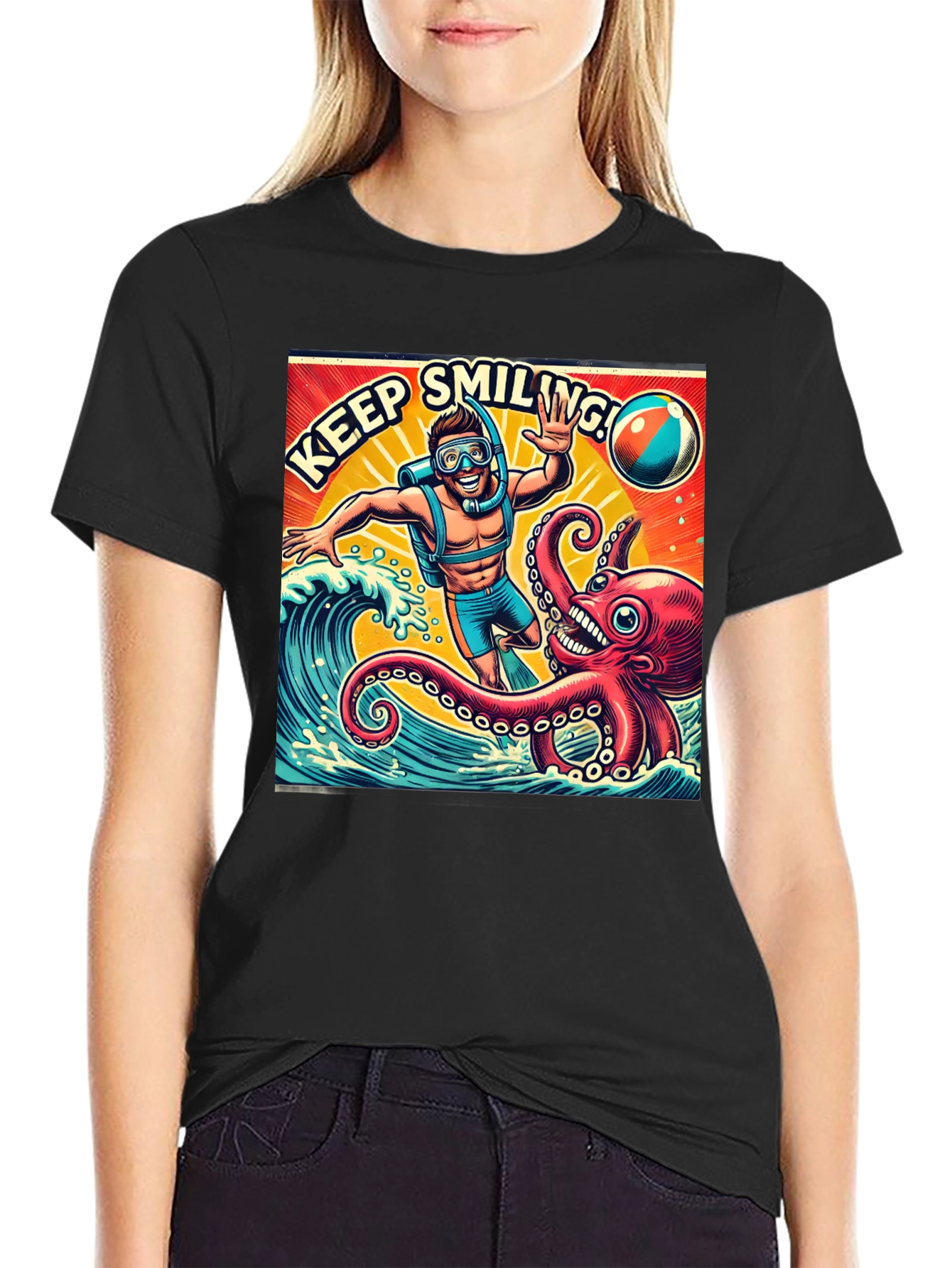 Keep Smiling Scuba Diver Octopus Graphic Tee