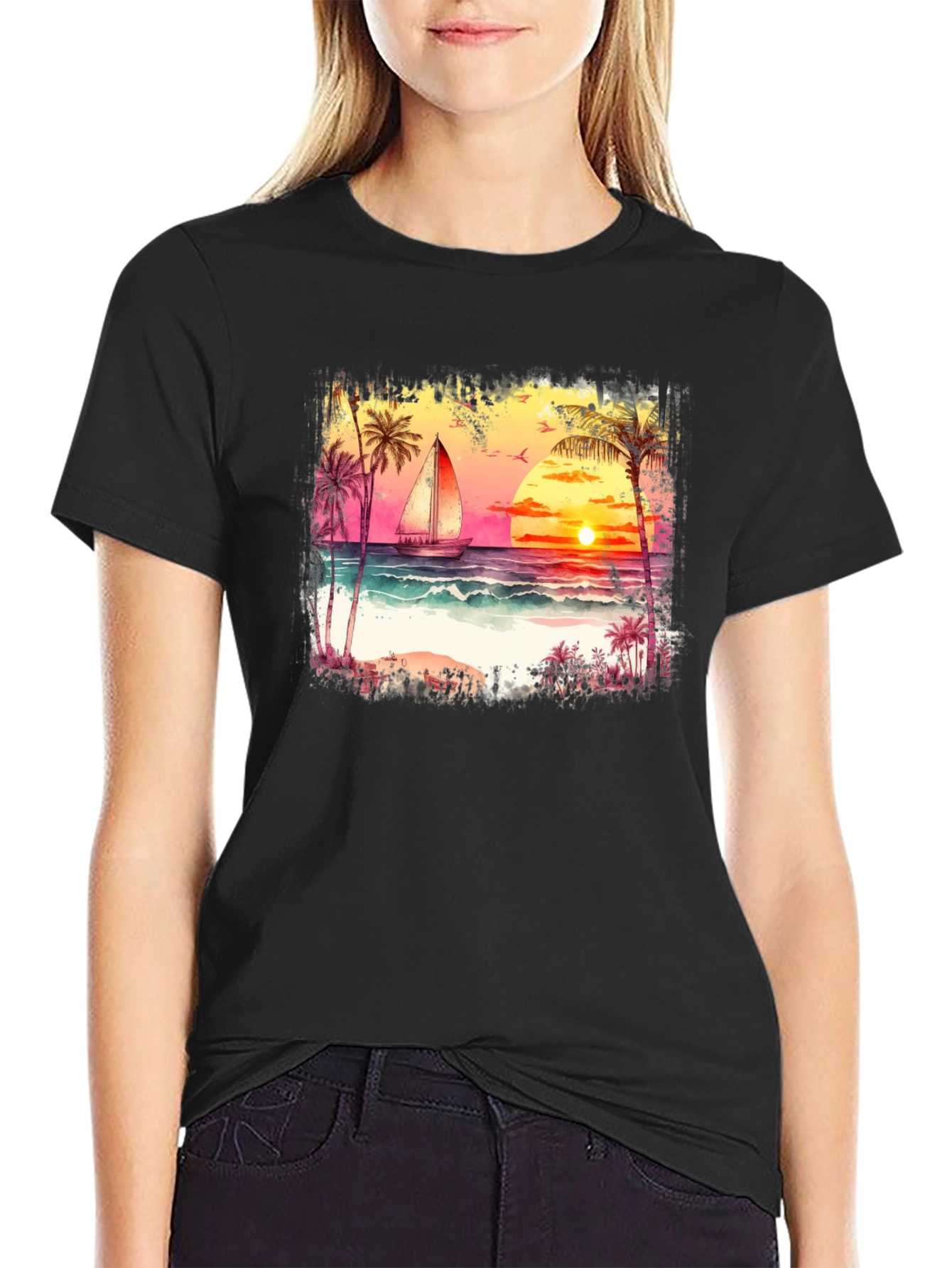 Sunset Sailboat Graphic Tee - Black