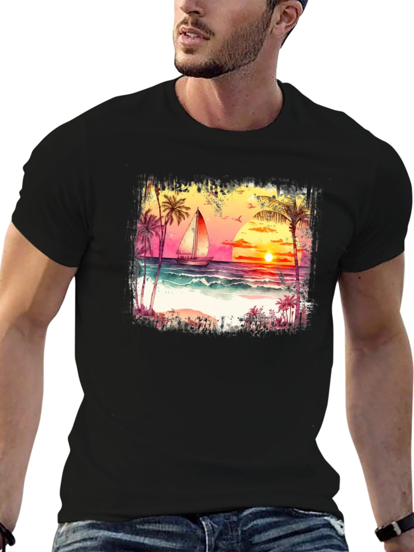 Sunset Sailboat Graphic Tee - Black