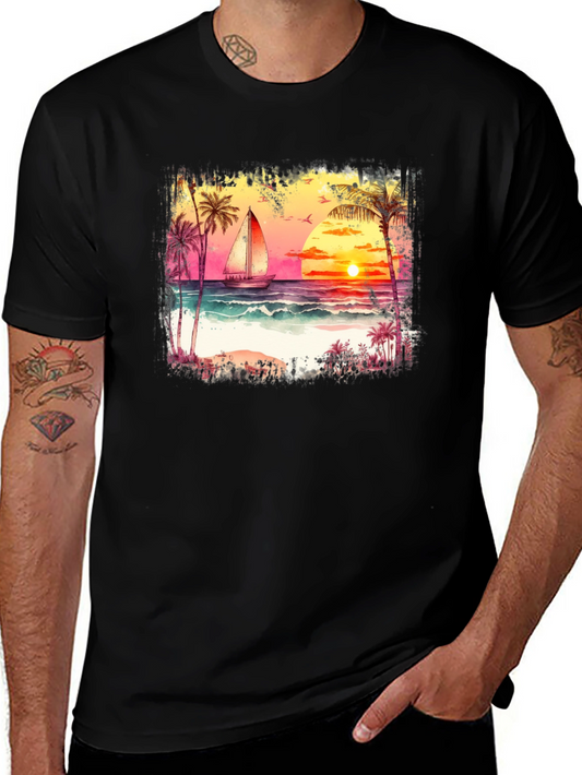 Sunset Sailboat Graphic Tee - Black