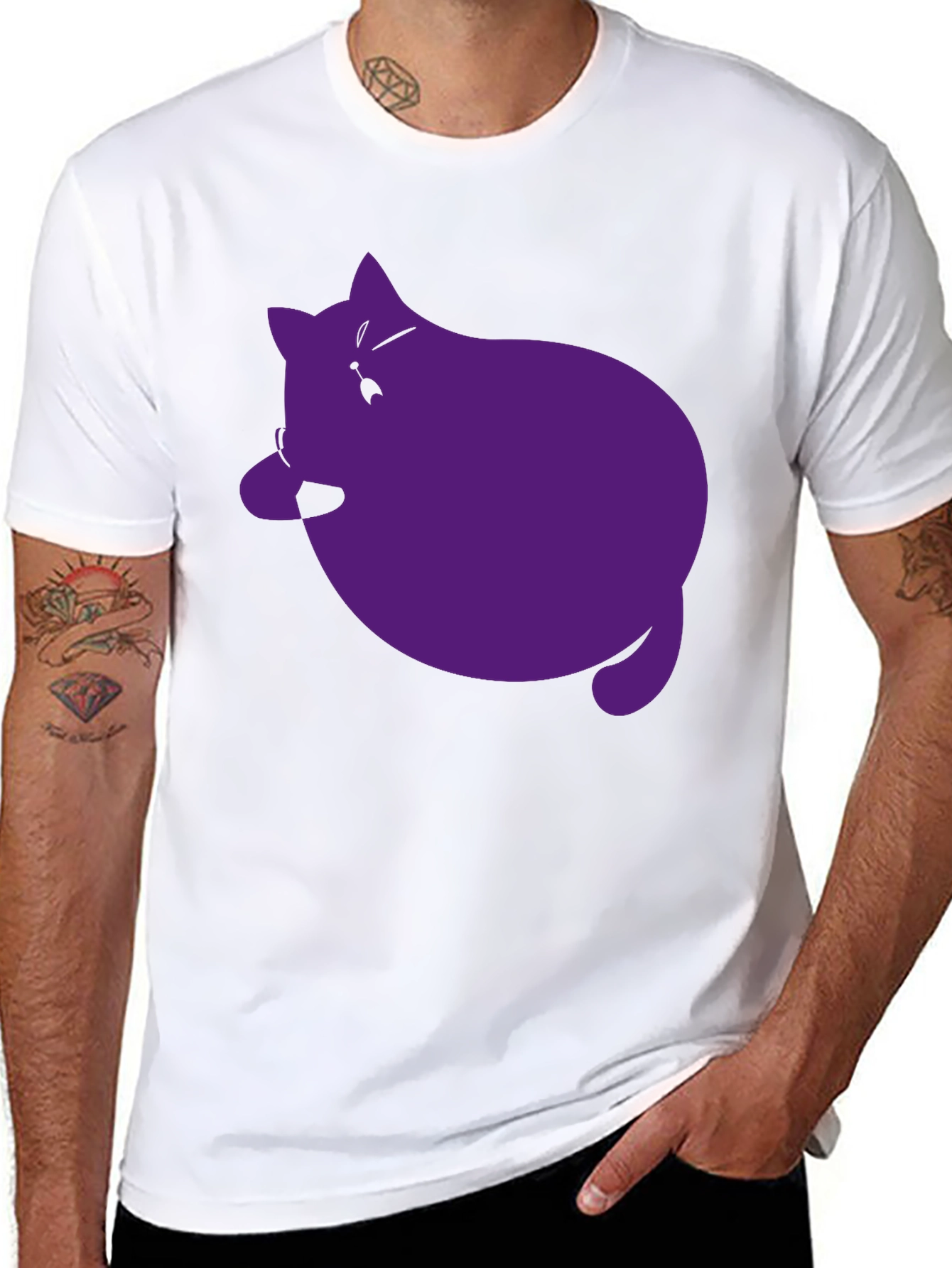 Mens Black T-Shirt with Purple Cat Graphic