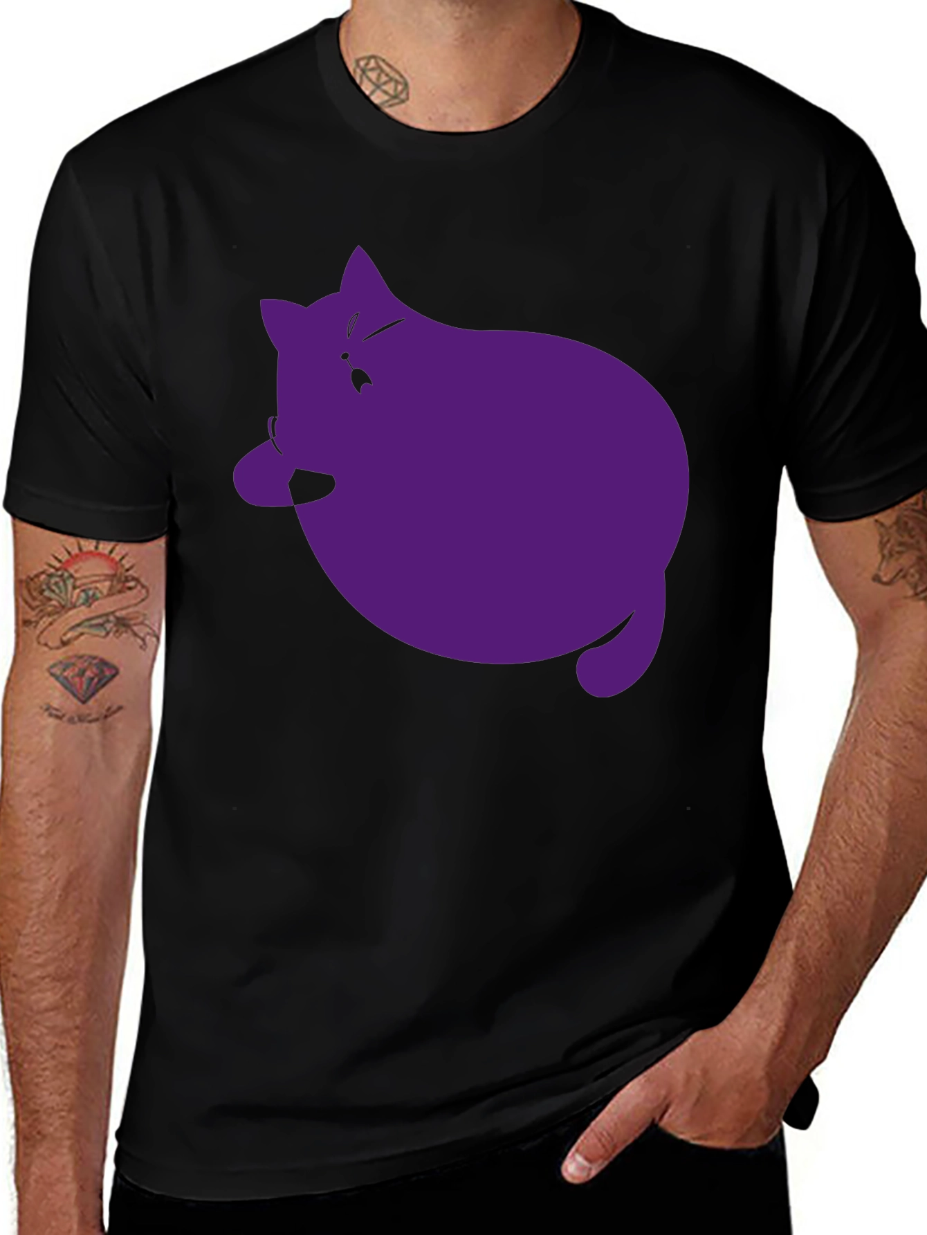 Mens Black T-Shirt with Purple Cat Graphic
