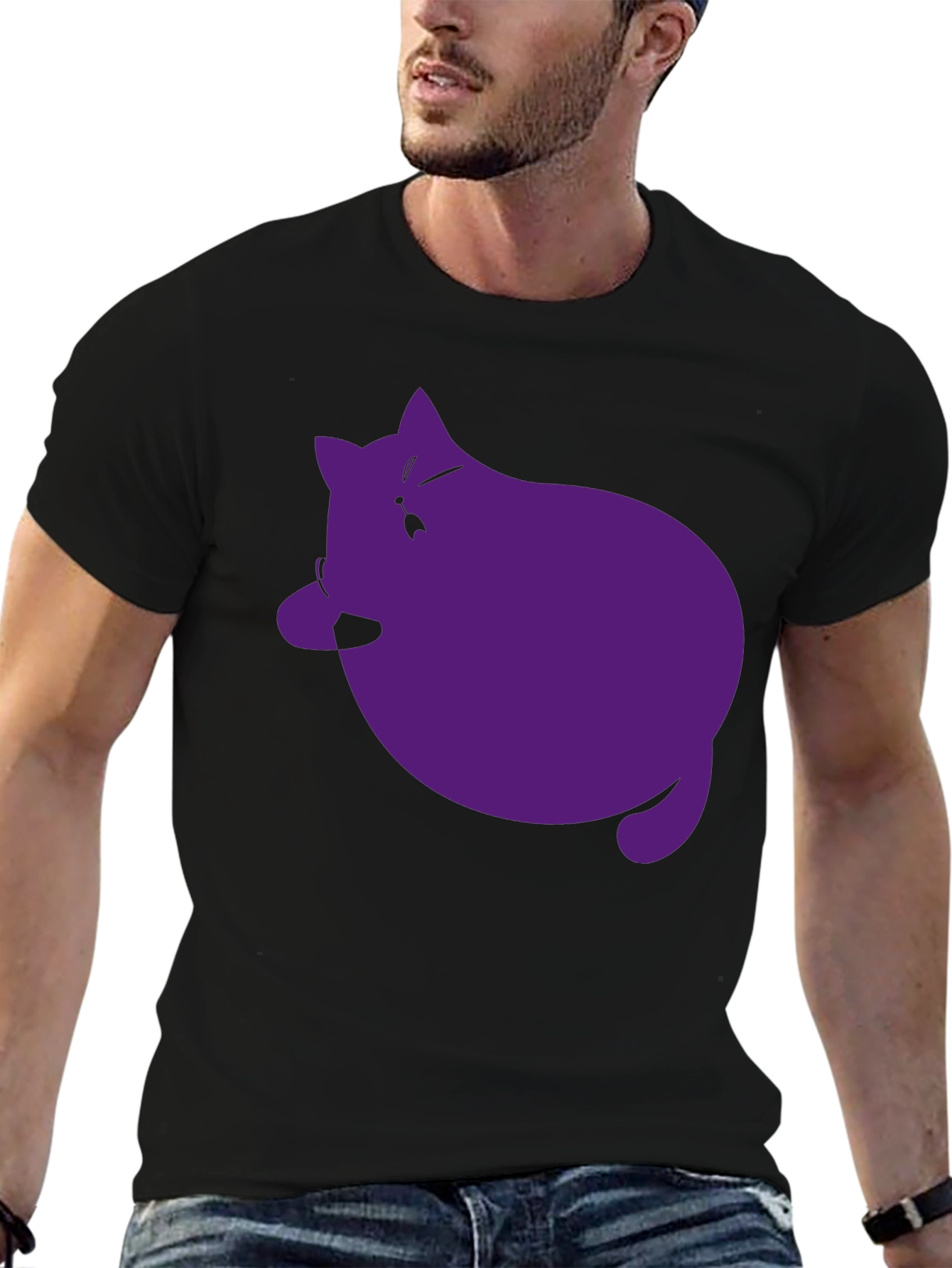 Mens Black T-Shirt with Purple Cat Graphic