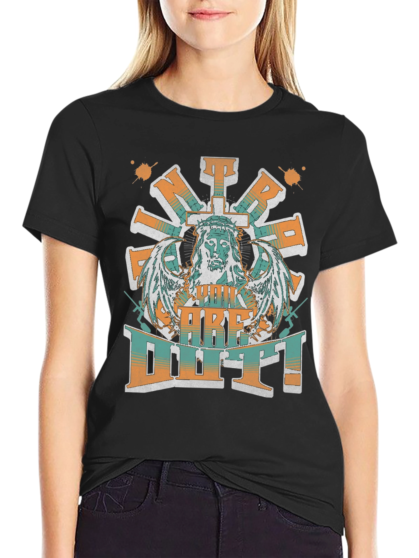 Jesus Cross Wings Graphic Print Black T-Shirt