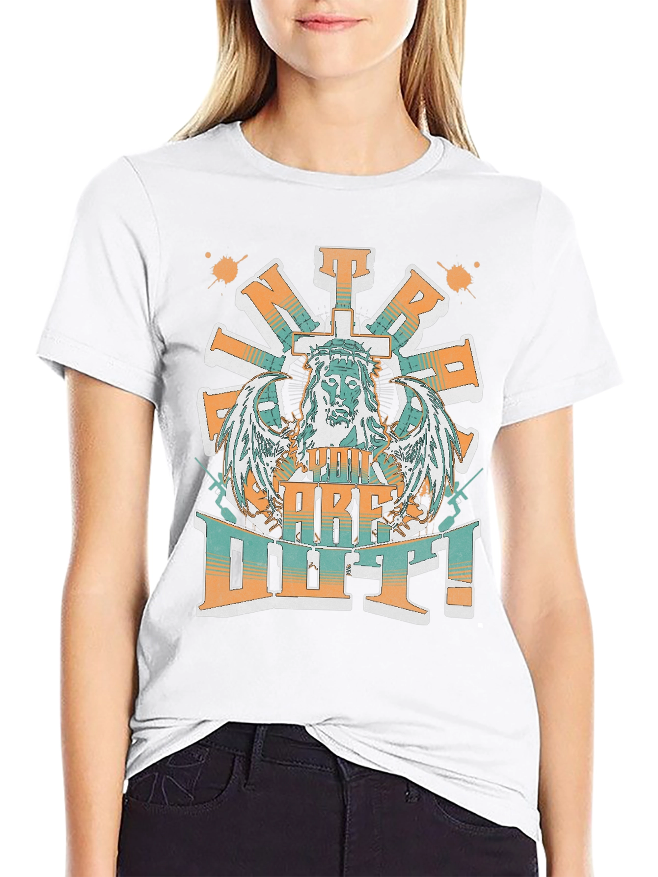 Jesus Cross Wings Graphic Print Black T-Shirt