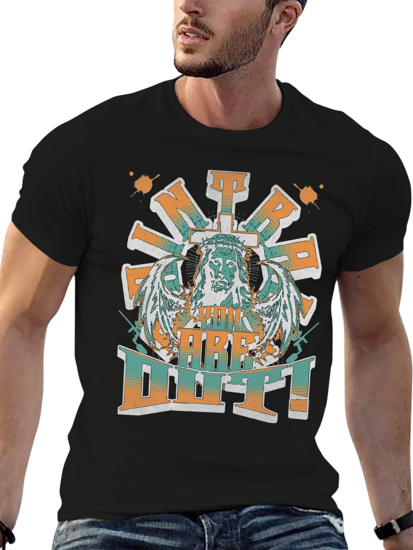 Jesus Cross Wings Graphic Print Black T-Shirt