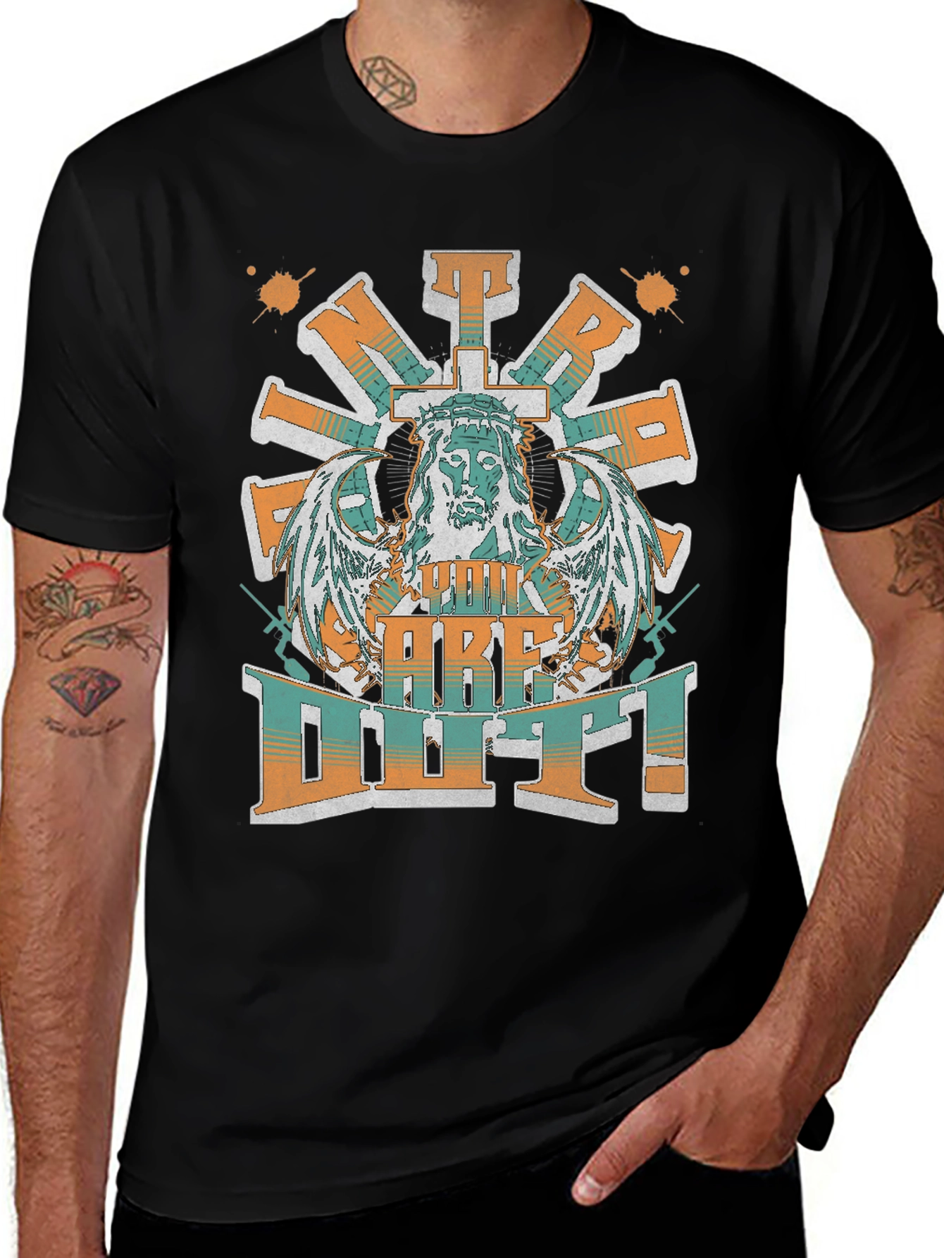 Jesus Cross Wings Graphic Print Black T-Shirt