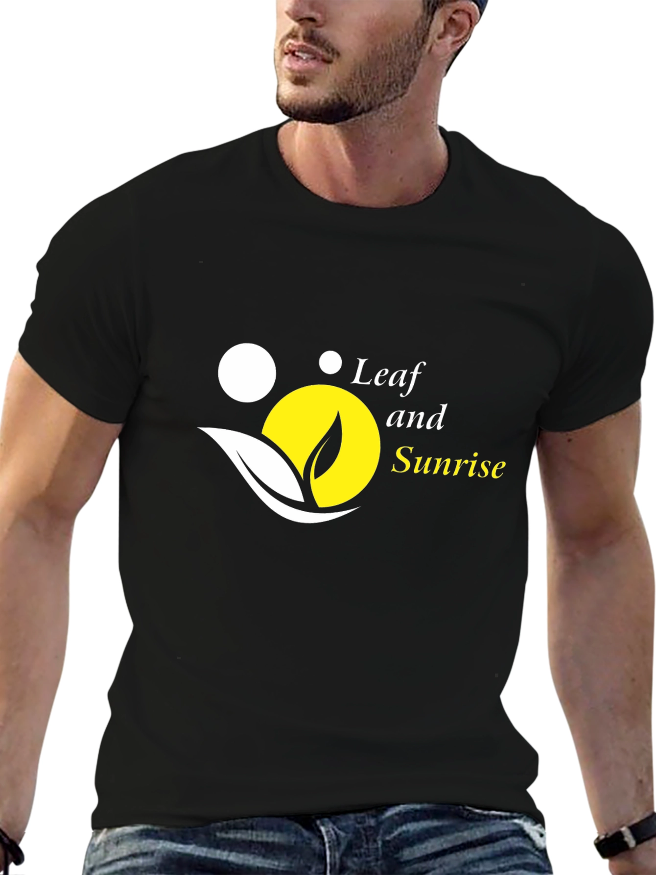 Leaf and Sunrise Graphic Black T-Shirt