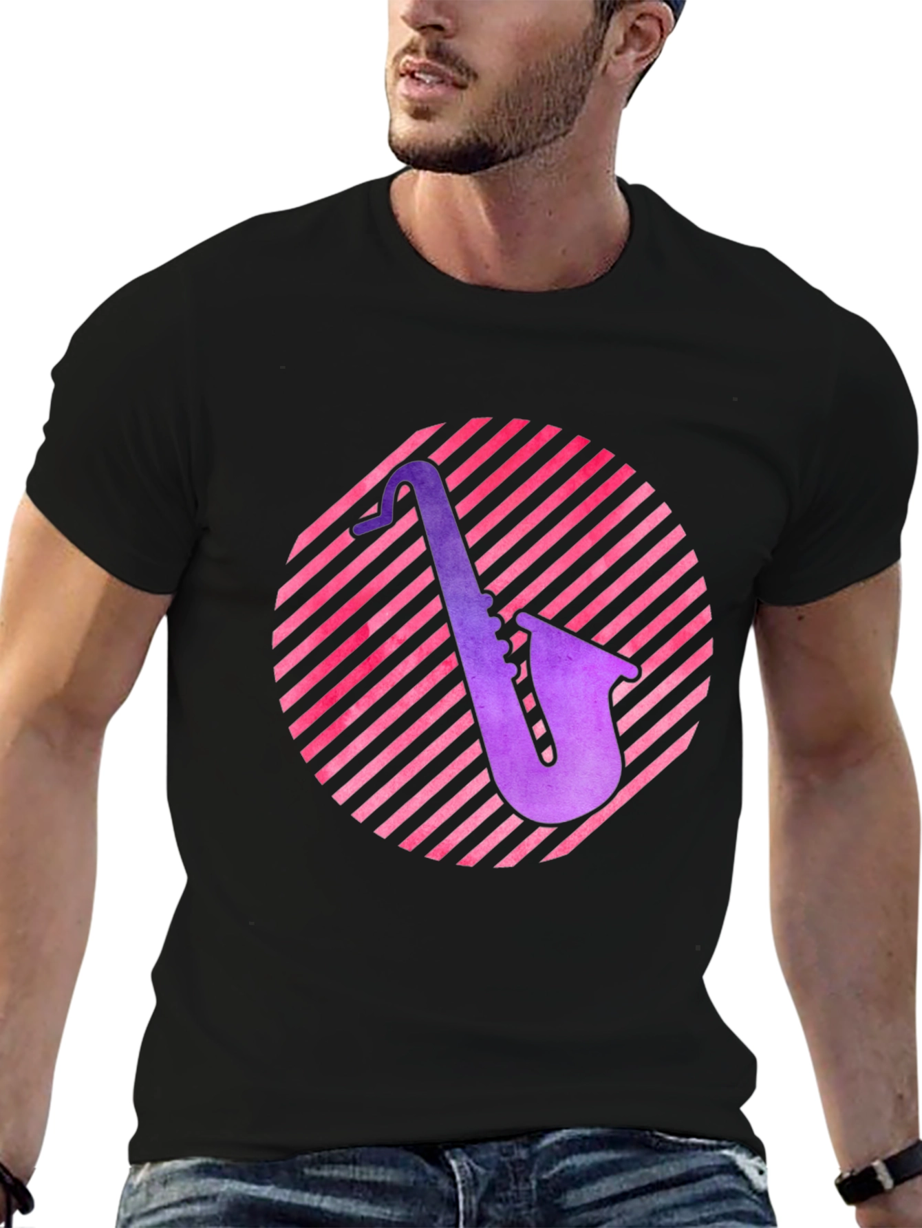 Saxophone Circle Graphic Tee - Black Cotton Shirt