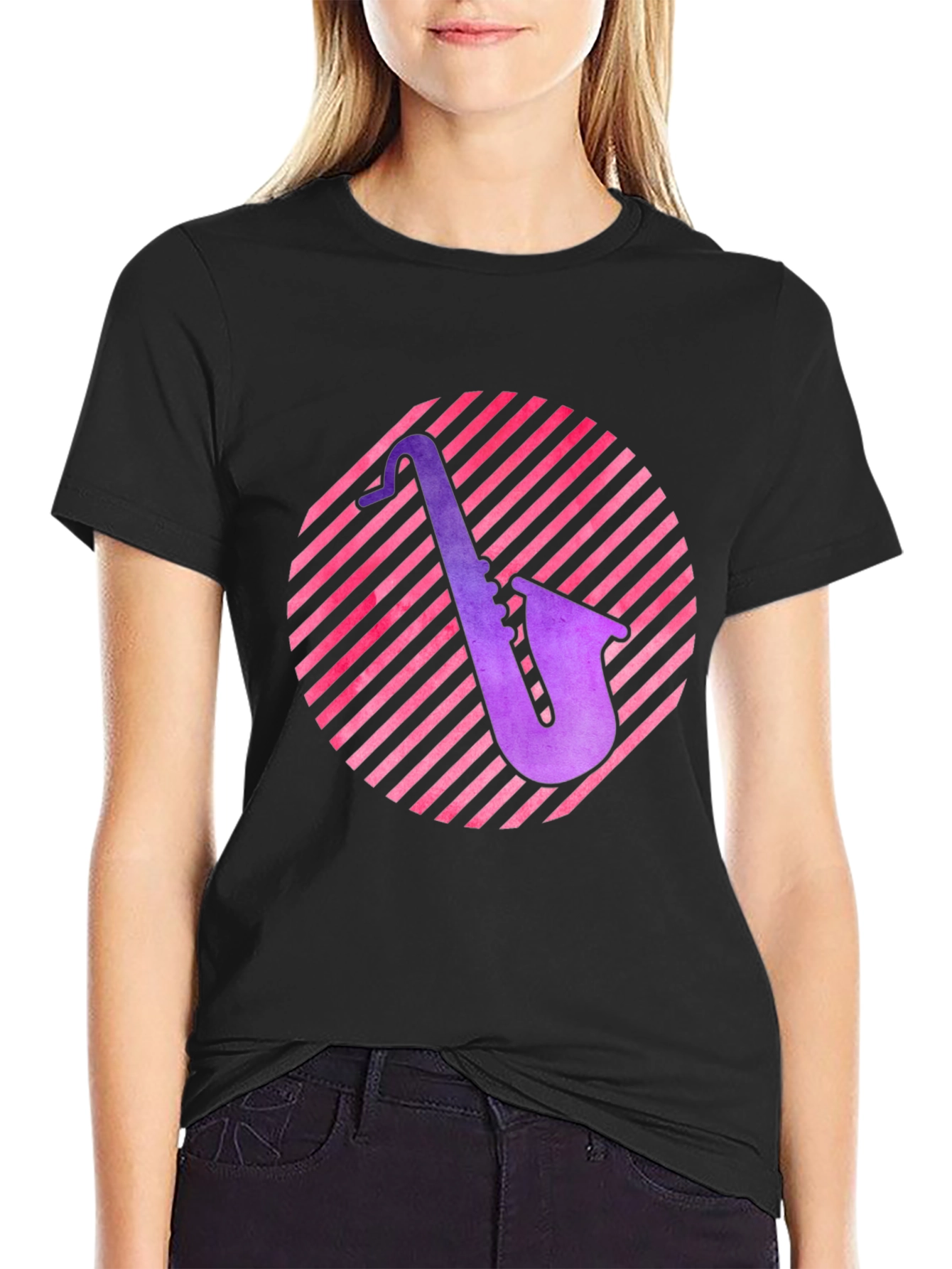 Saxophone Circle Graphic Tee - Black Cotton Shirt