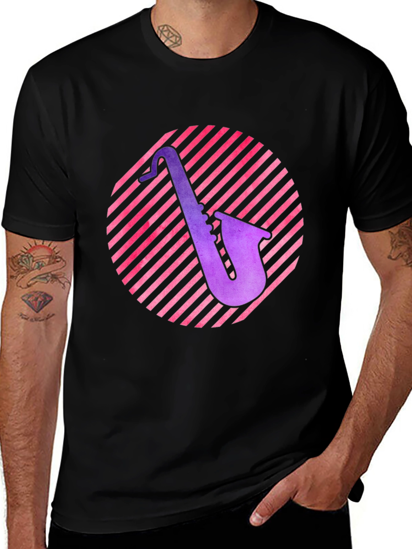 Saxophone Circle Graphic Tee - Black Cotton Shirt