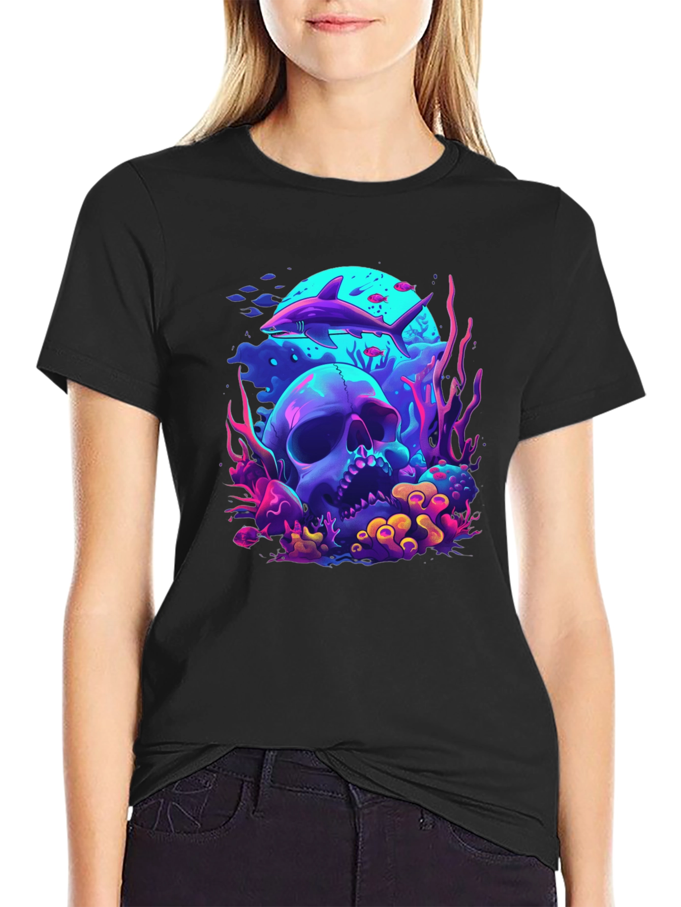Neon Shark & Skull Graphic Tee - Unique Style