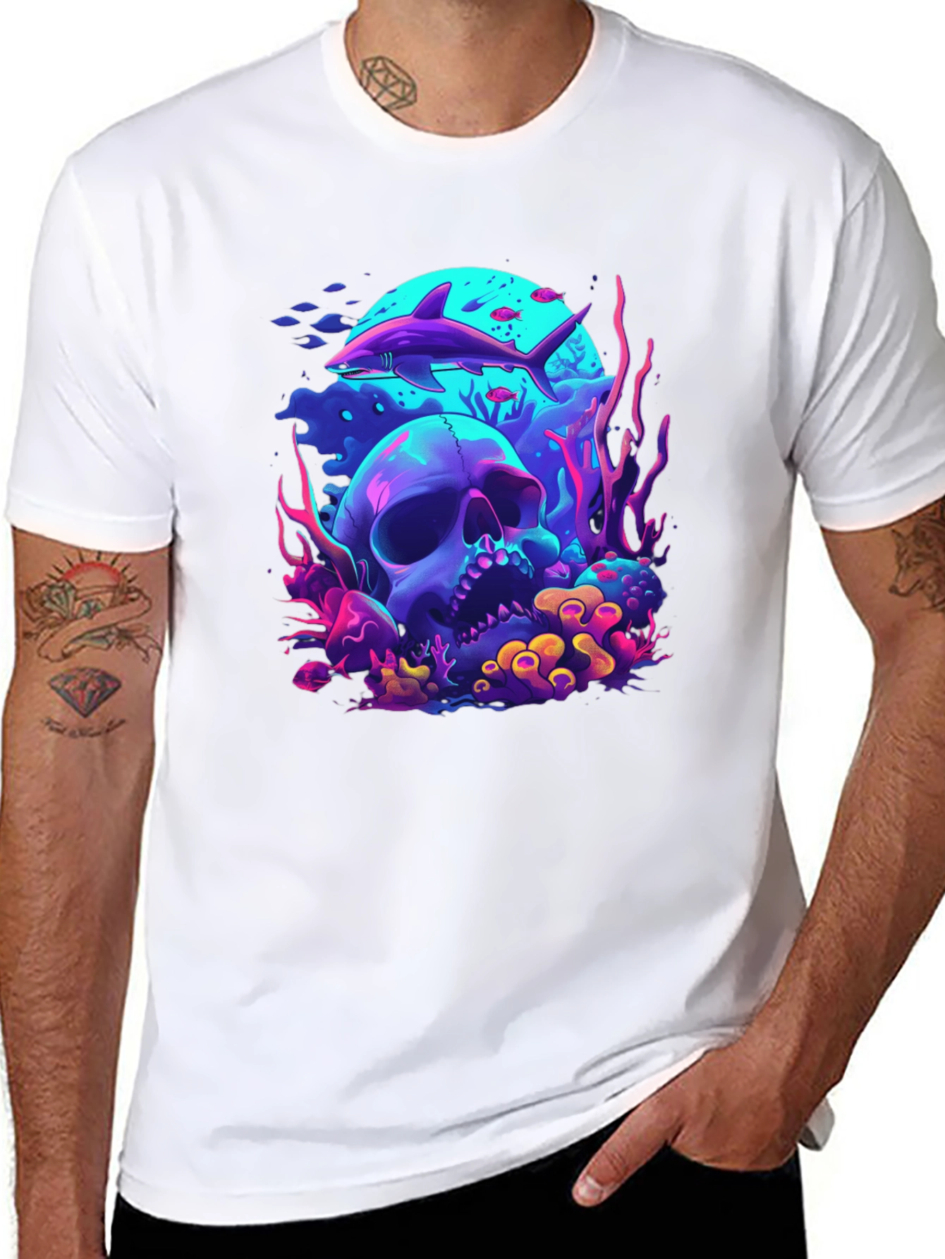 Neon Shark & Skull Graphic Tee - Unique Style