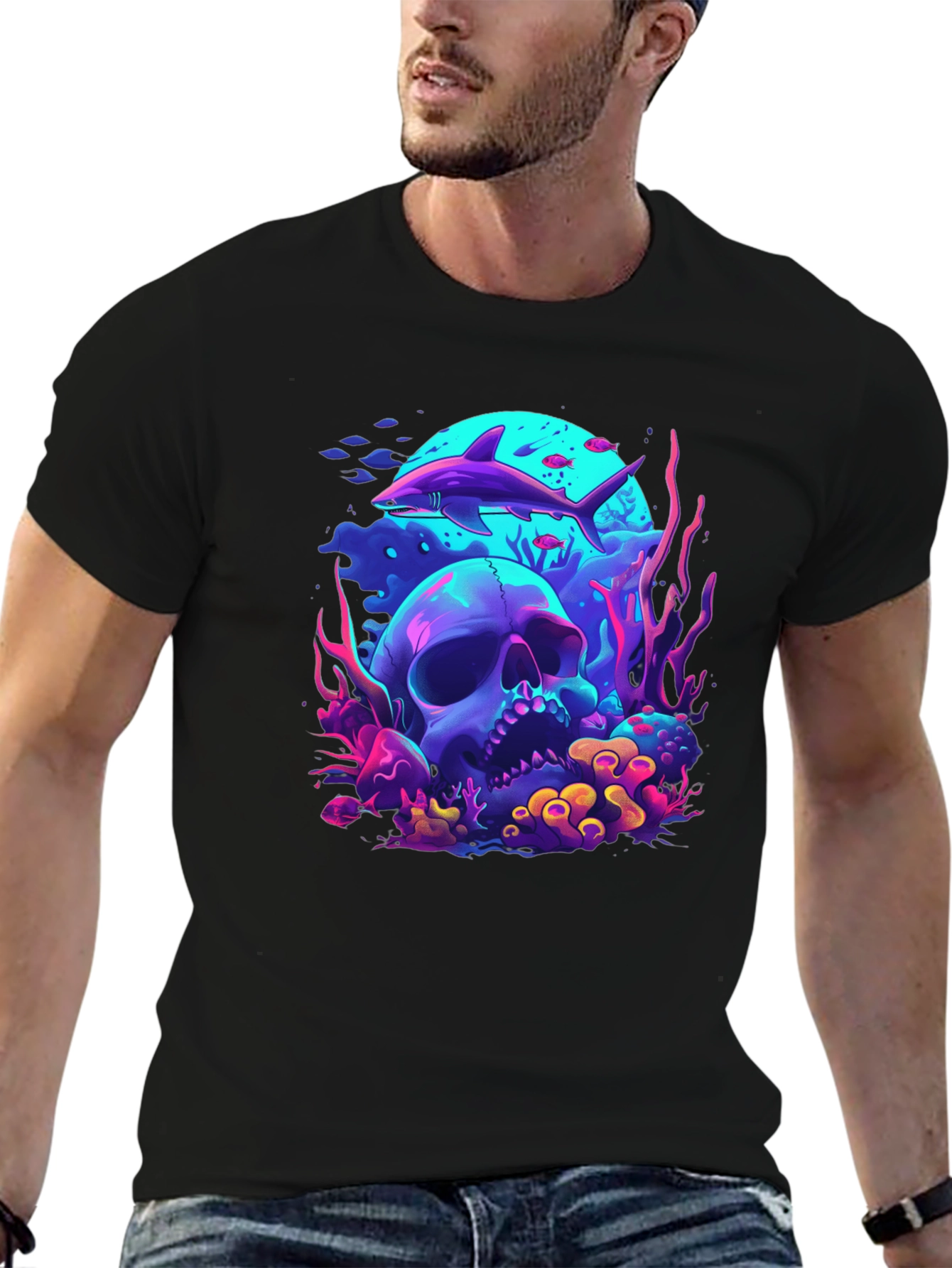 Neon Shark & Skull Graphic Tee - Unique Style