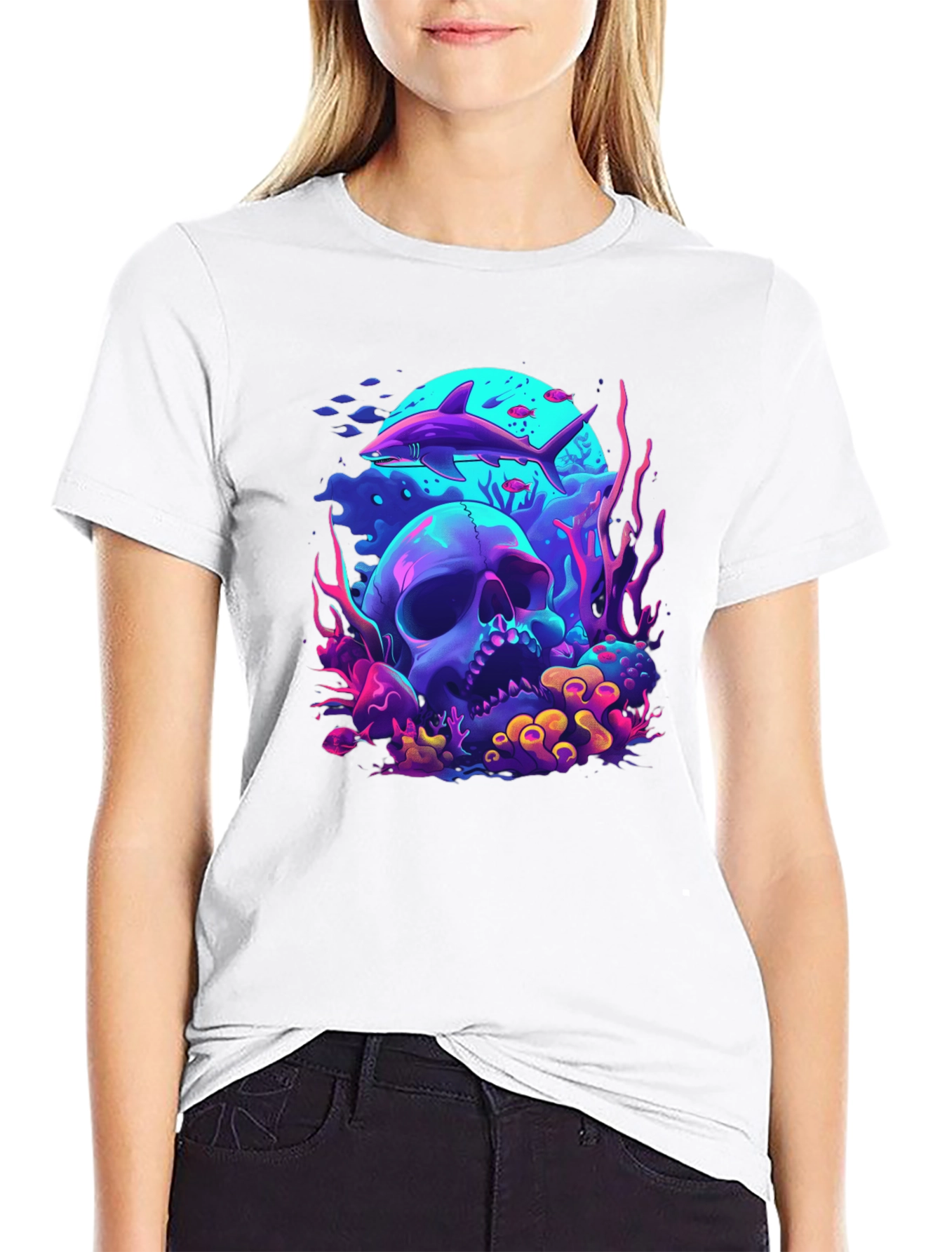 Neon Shark & Skull Graphic Tee - Unique Style