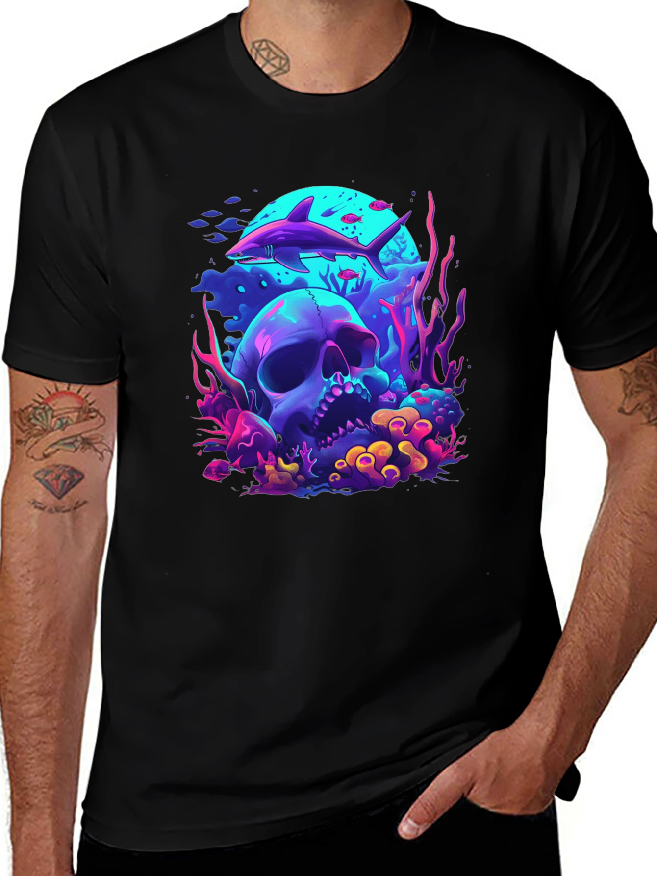 Neon Shark & Skull Graphic Tee - Unique Style