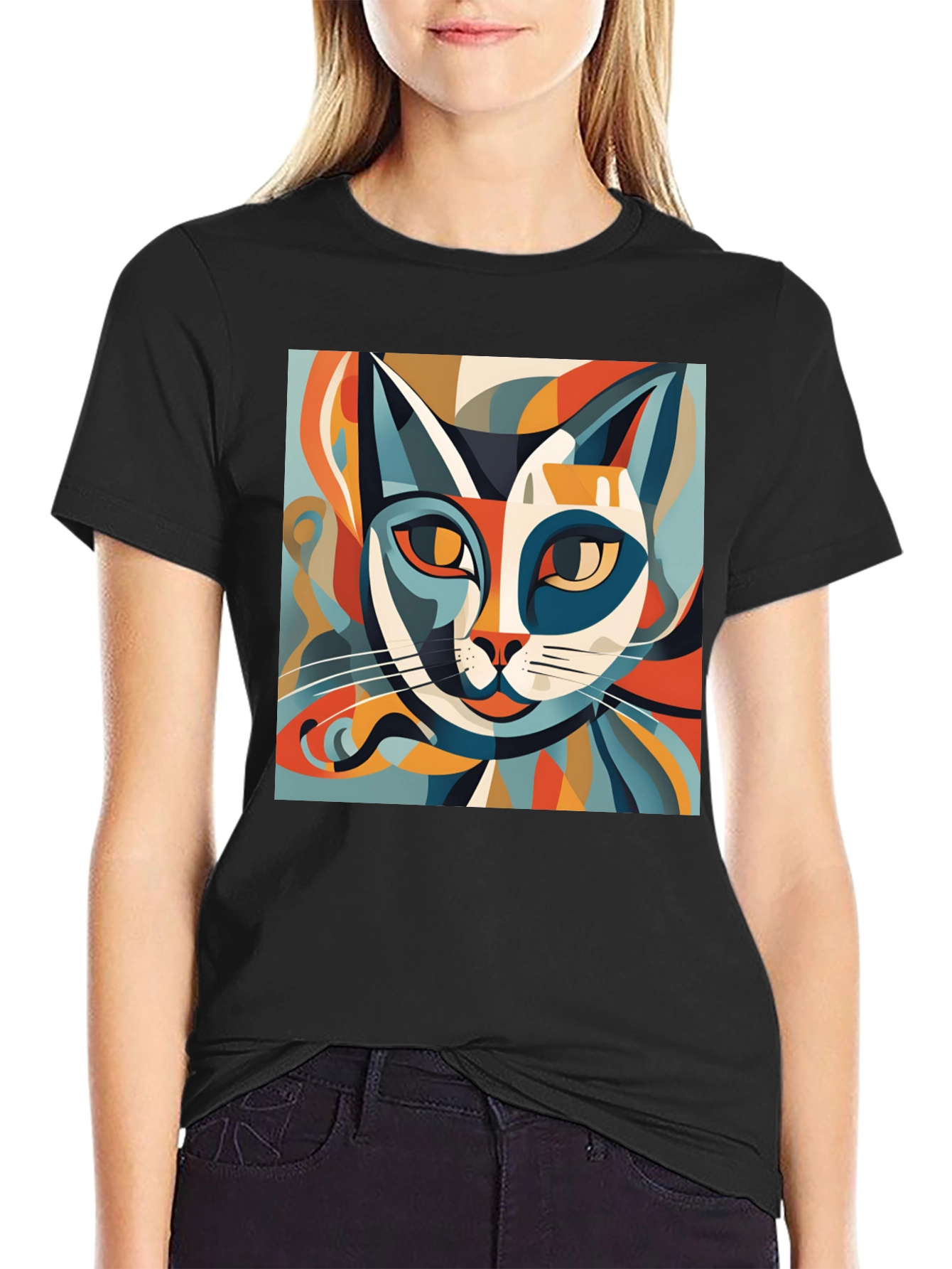 Abstract Cat Graphic Tee - Modern Art Style