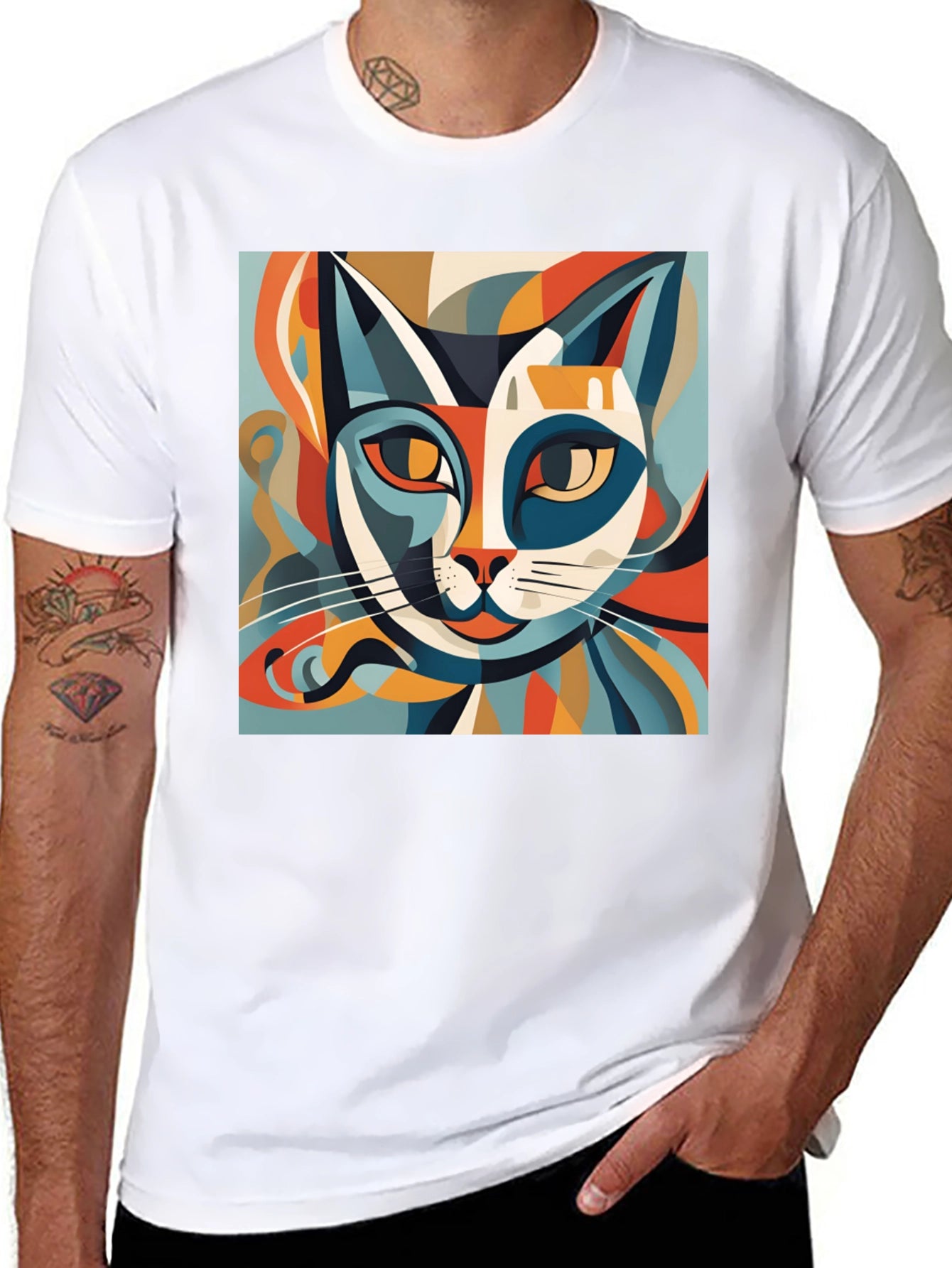 Abstract Cat Graphic Tee - Modern Art Style