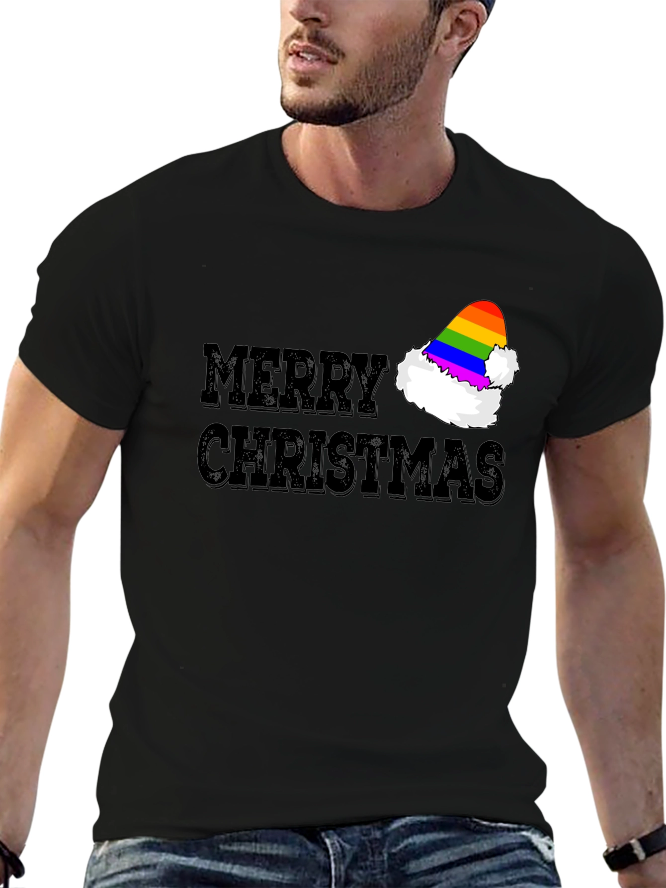 Merry Christmas Rainbow Santa Hat T-Shirt