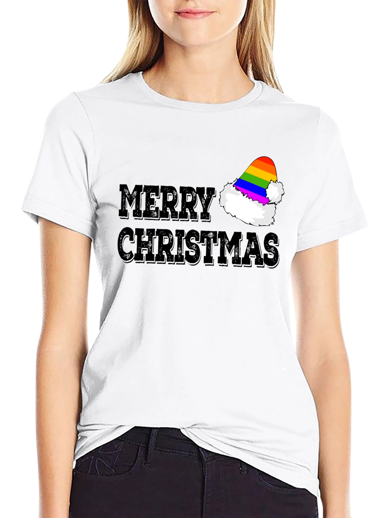 Merry Christmas Rainbow Santa Hat T-Shirt
