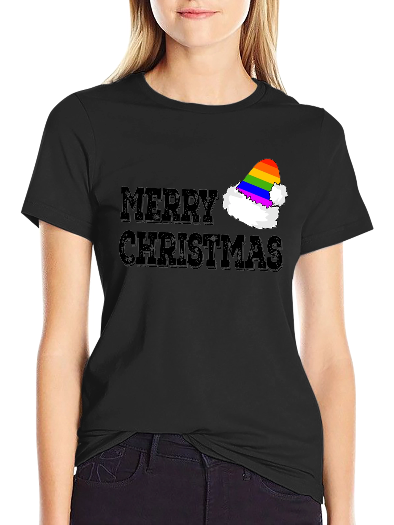 Merry Christmas Rainbow Santa Hat T-Shirt