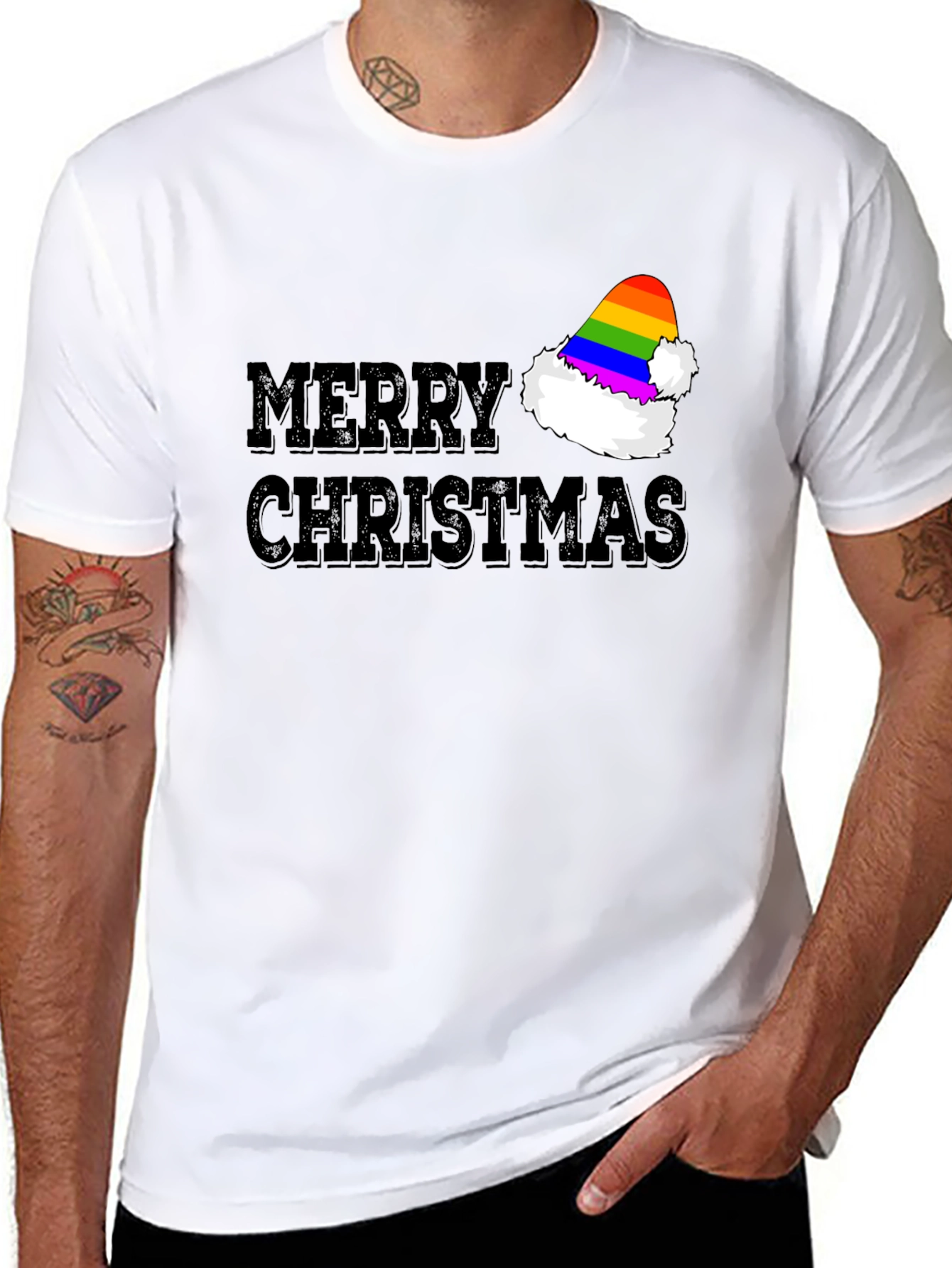 Merry Christmas Rainbow Santa Hat T-Shirt