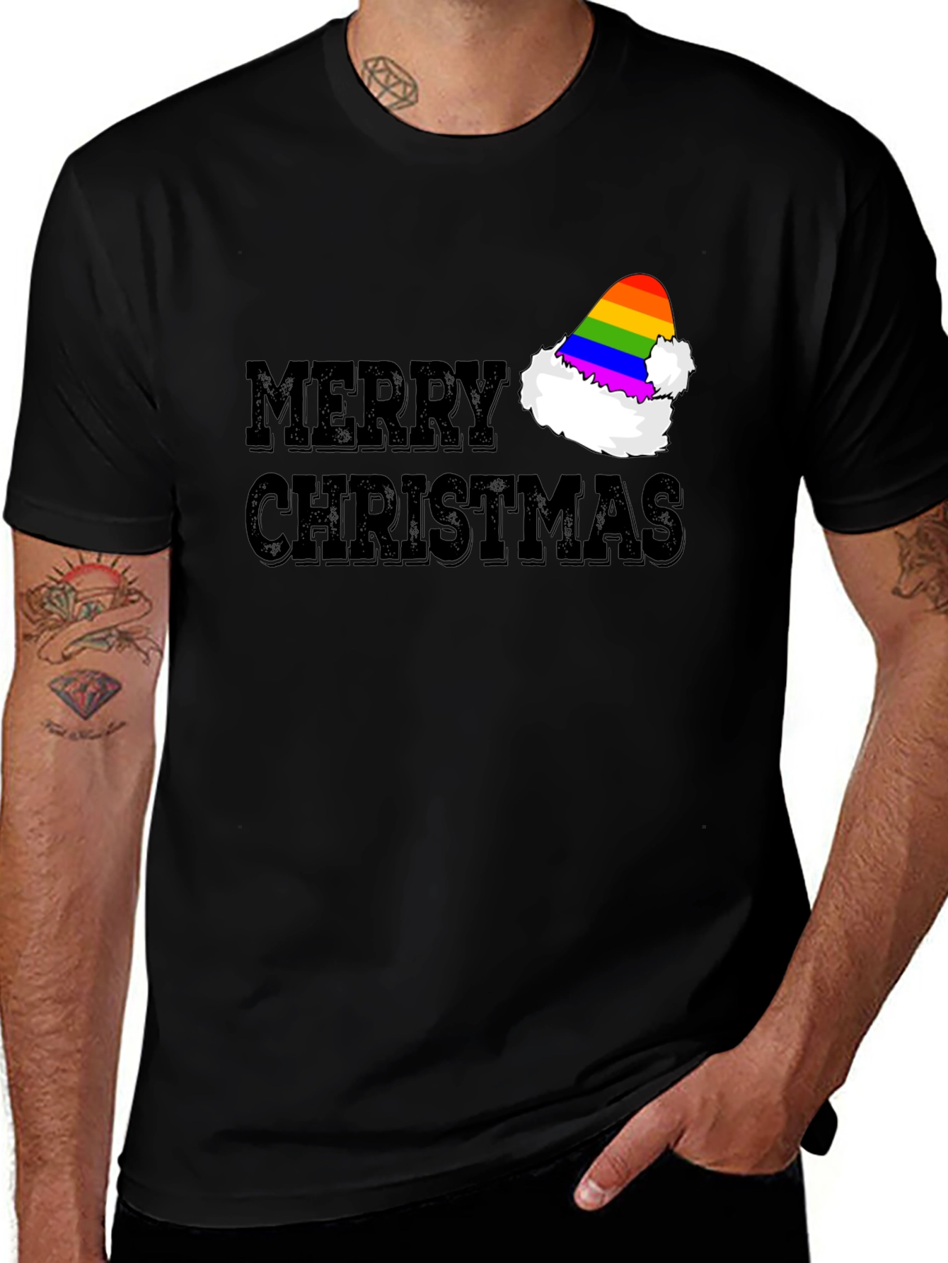 Merry Christmas Rainbow Santa Hat T-Shirt