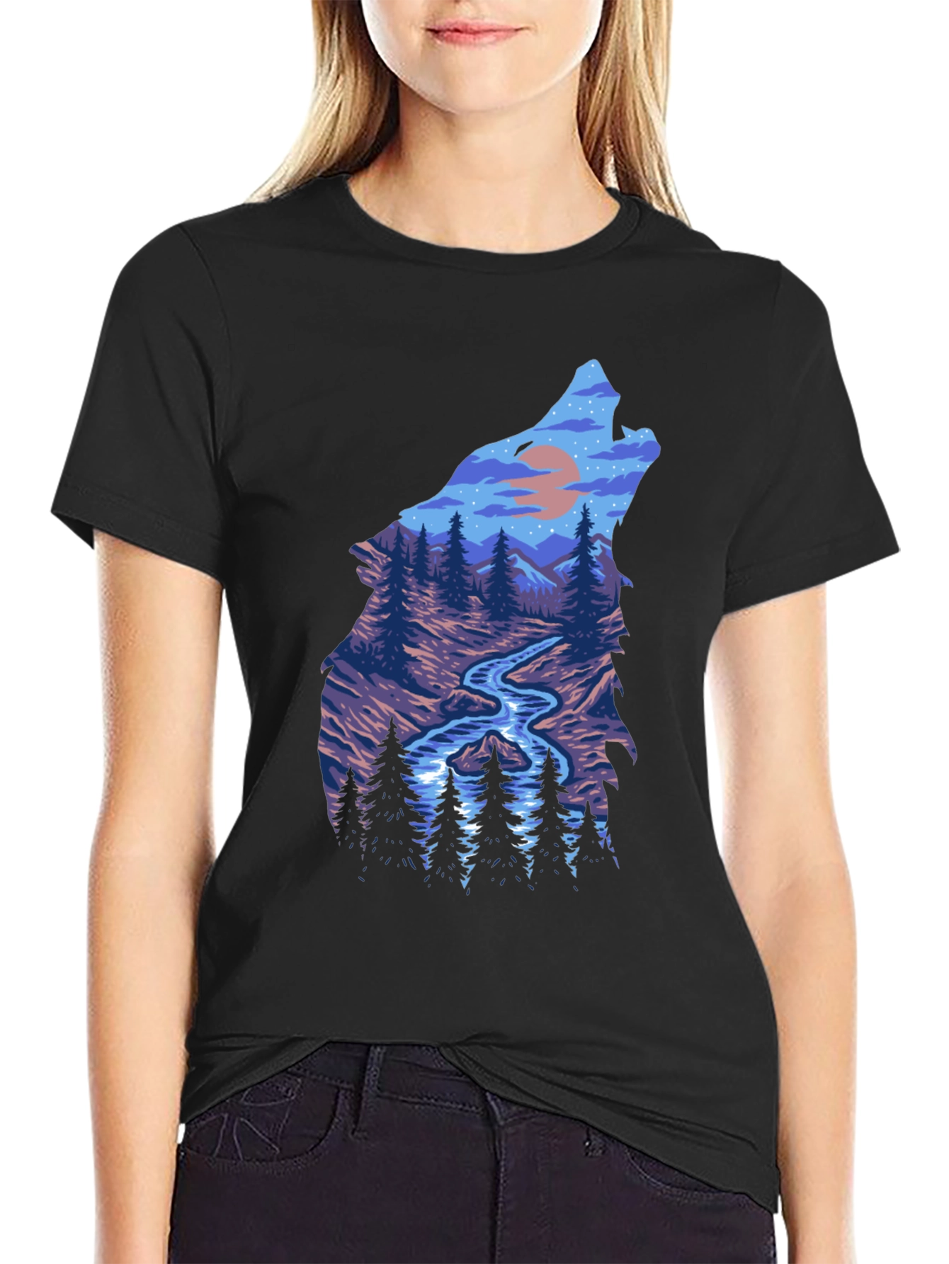 Wolf Silhouette Nature Scene Graphic Tee - Black