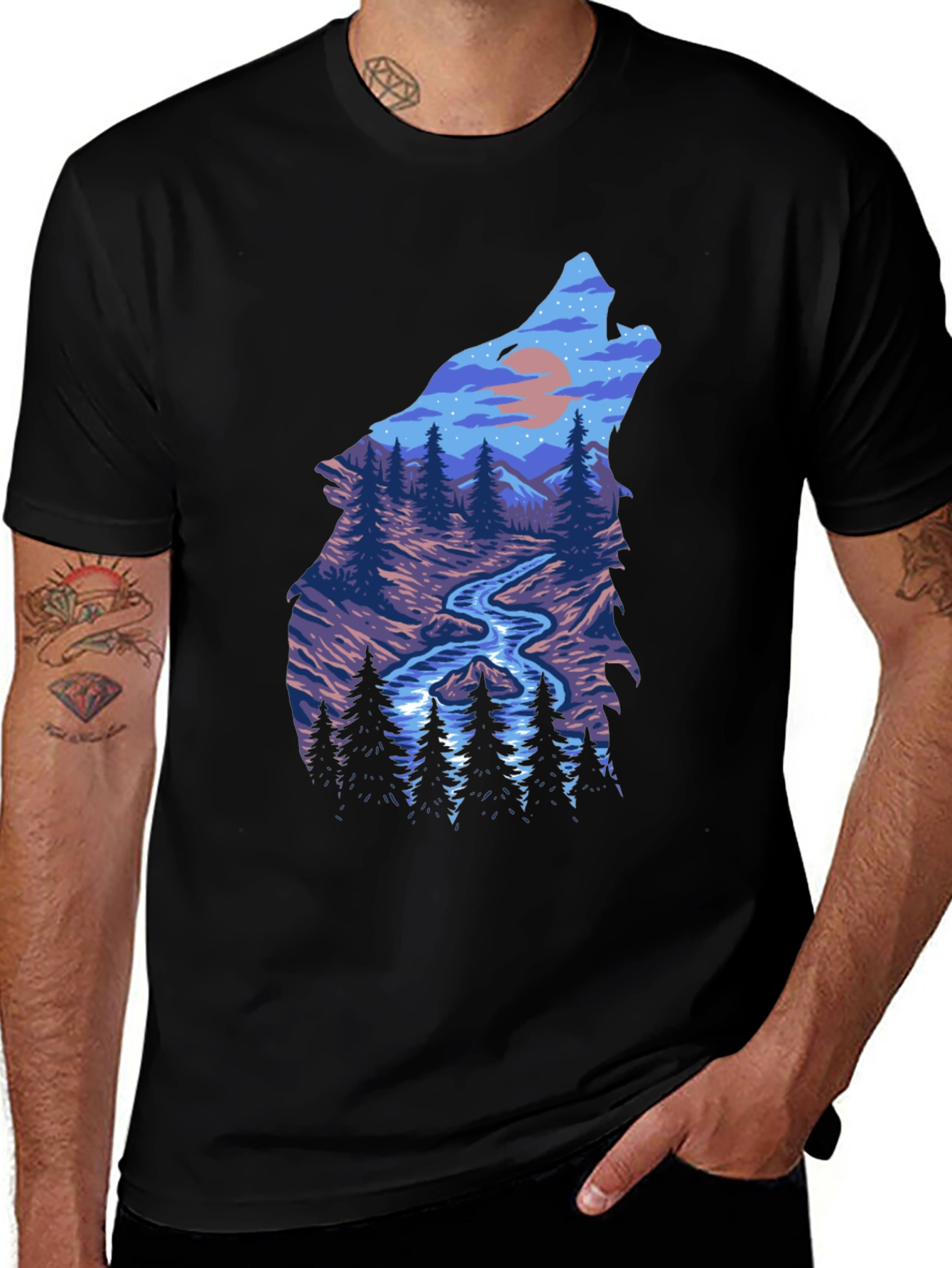 Wolf Silhouette Nature Scene Graphic Tee - Black