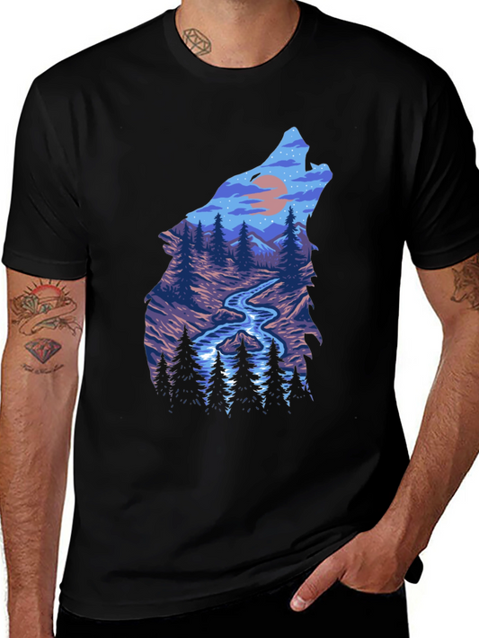 Wolf Silhouette Nature Scene Graphic Tee - Black