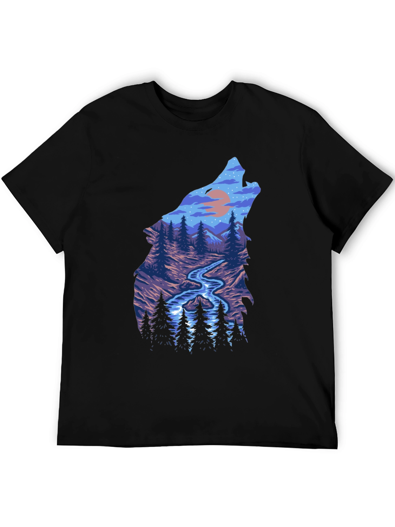 Wolf Silhouette Nature Scene Graphic Tee - Black