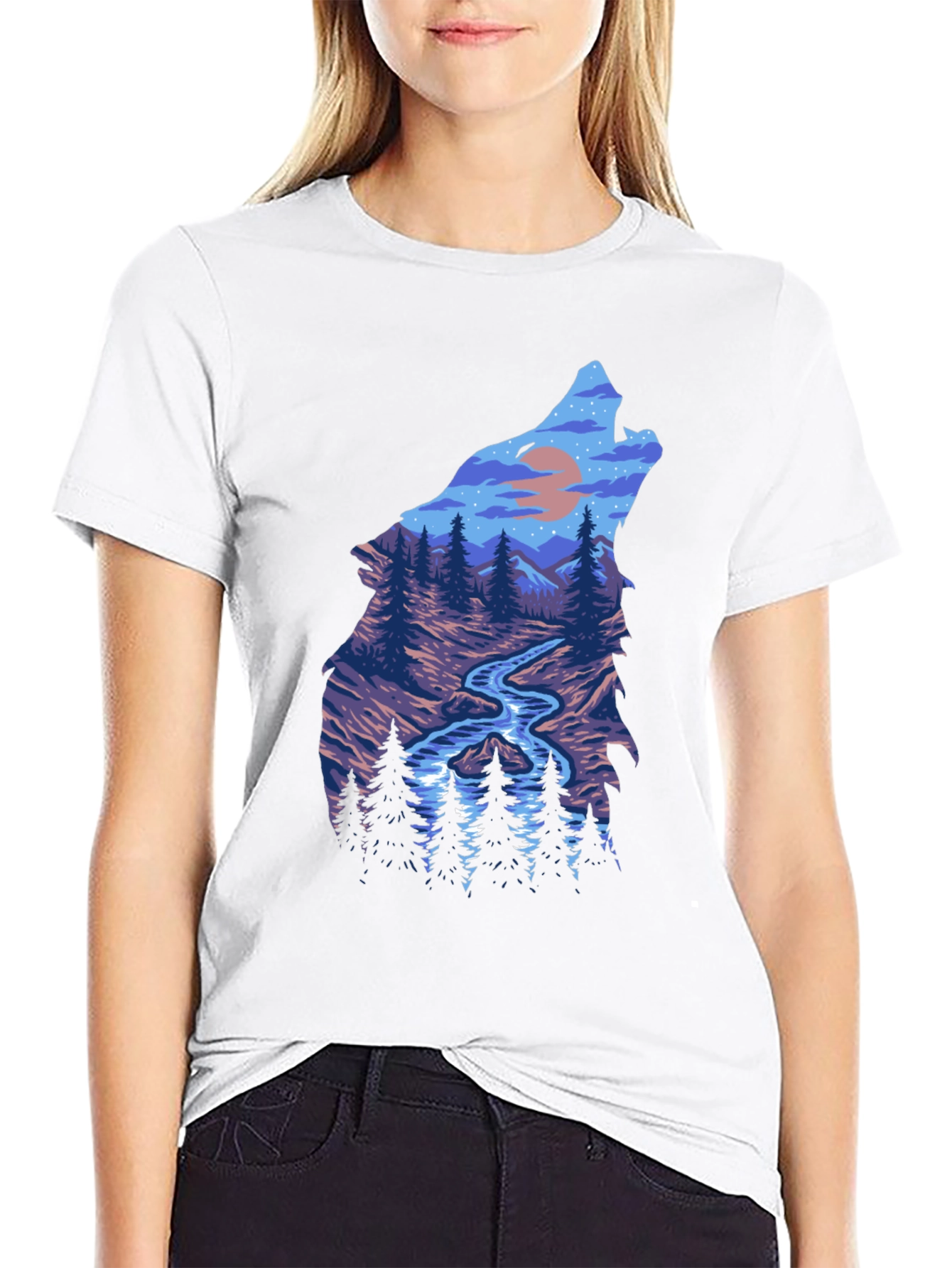 Wolf Silhouette Nature Scene Graphic Tee - Black