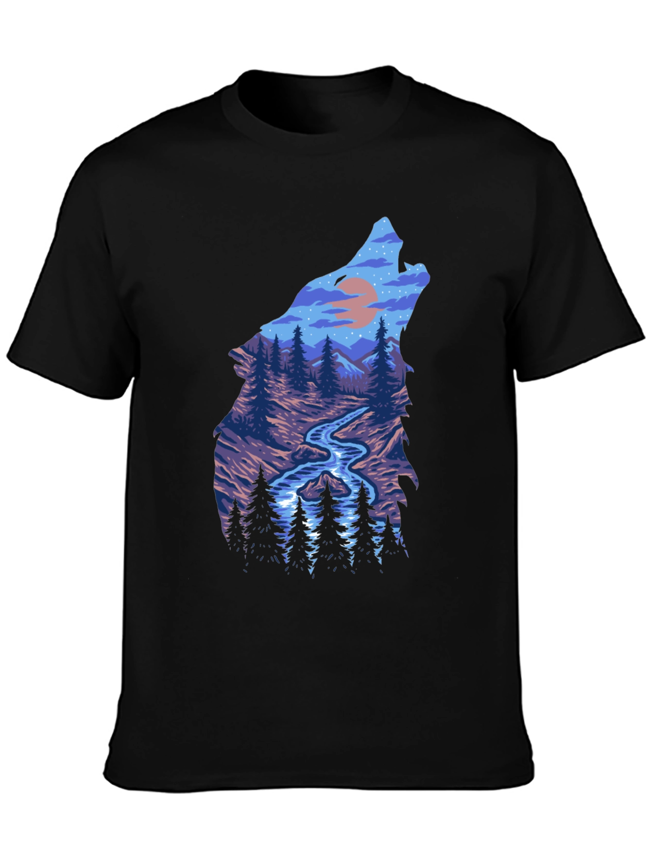 Wolf Silhouette Nature Scene Graphic Tee - Black