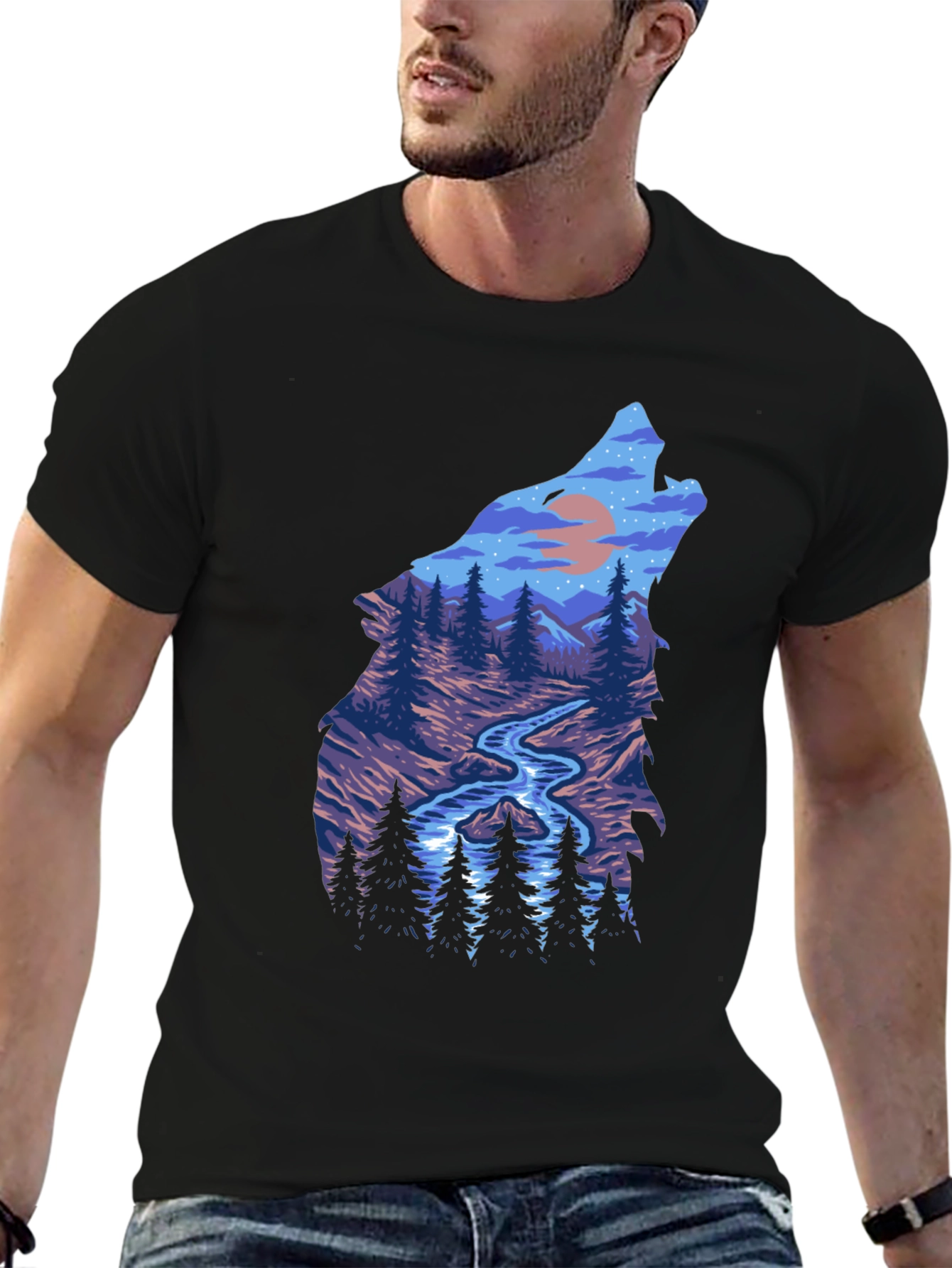 Wolf Silhouette Nature Scene Graphic Tee - Black
