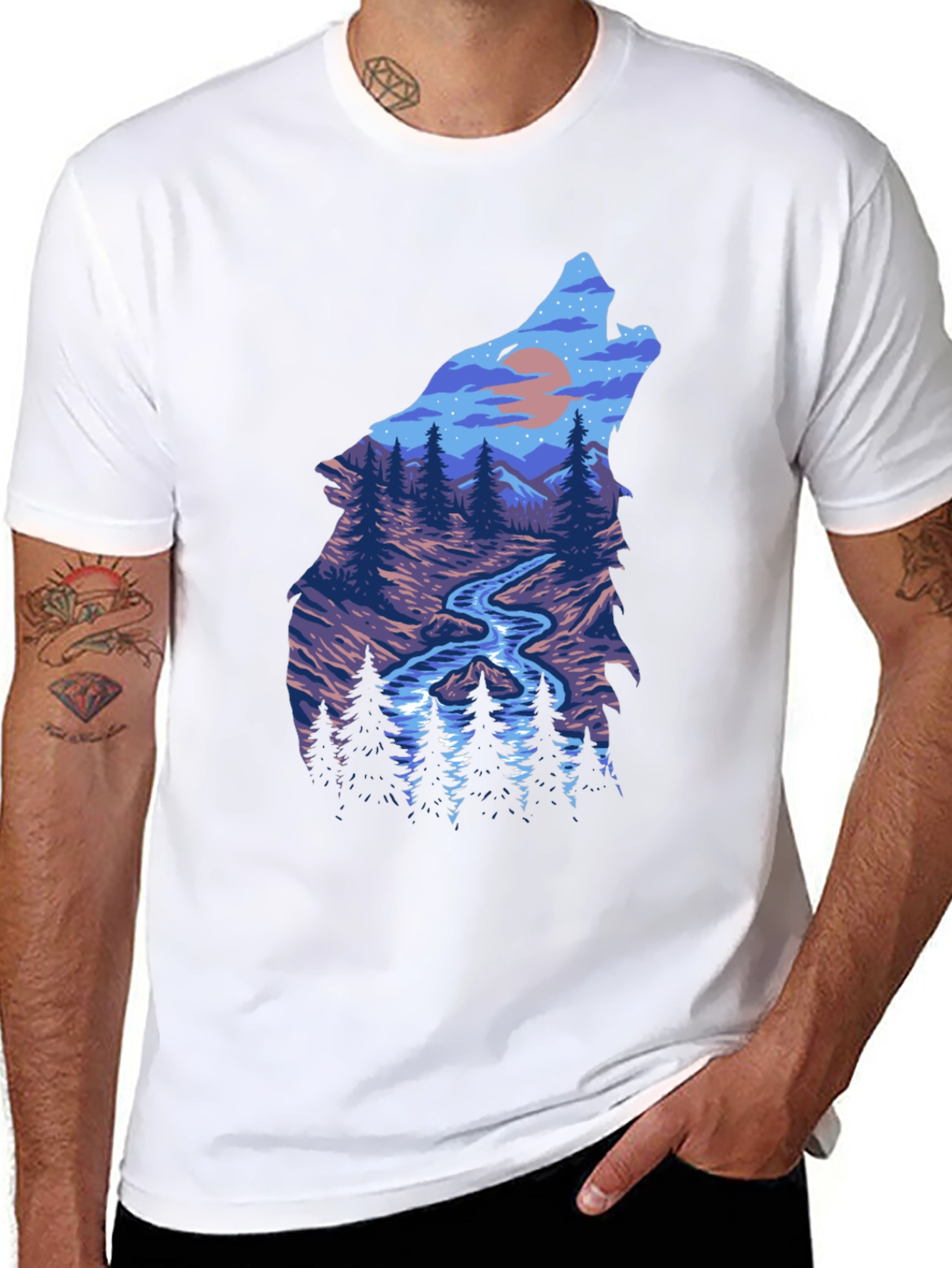 Wolf Silhouette Nature Scene Graphic Tee - Black