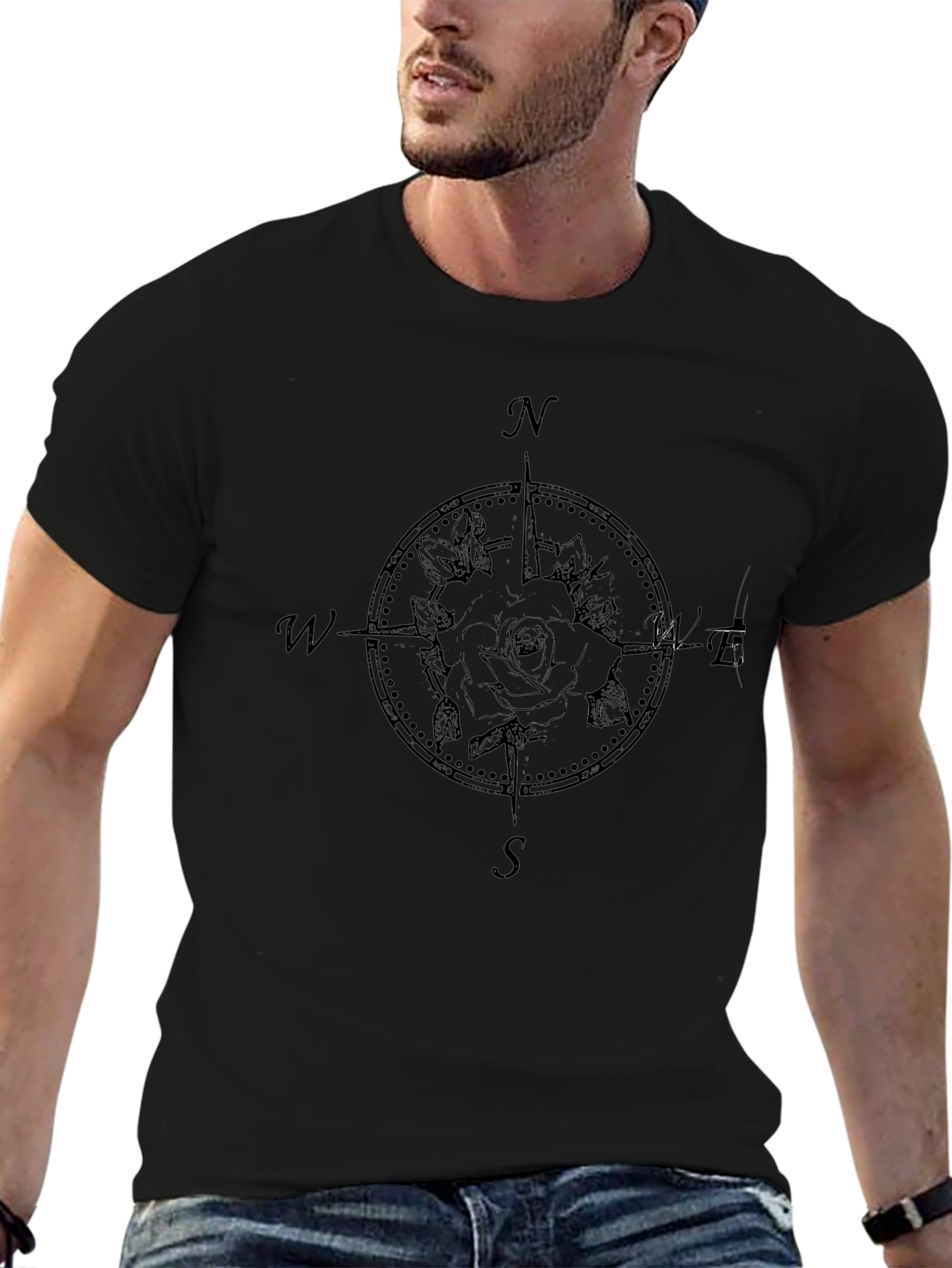 Compass Rose Graphic Tee - Black Cotton Shirt